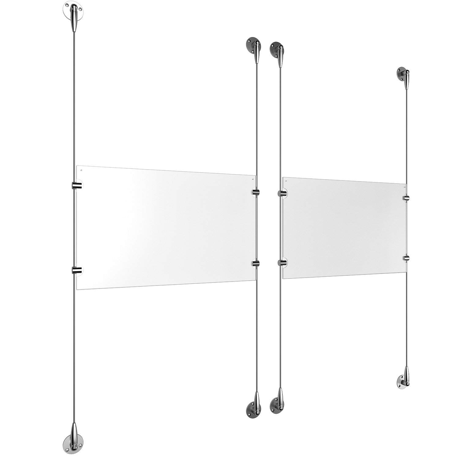(2) 17'' Width x 11'' Height Clear Acrylic Frame & (4) Stainless Steel Satin Brushed Adjustable Angle Signature 1/8'' Cable Systems with (8) Single-Sided Panel Grippers