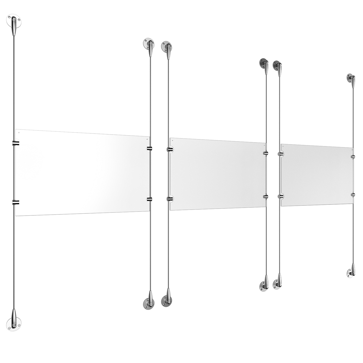 (3) 17'' Width x 11'' Height Clear Acrylic Frame & (6) Stainless Steel Satin Brushed Adjustable Angle Signature 1/8'' Cable Systems with (12) Single-Sided Panel Grippers