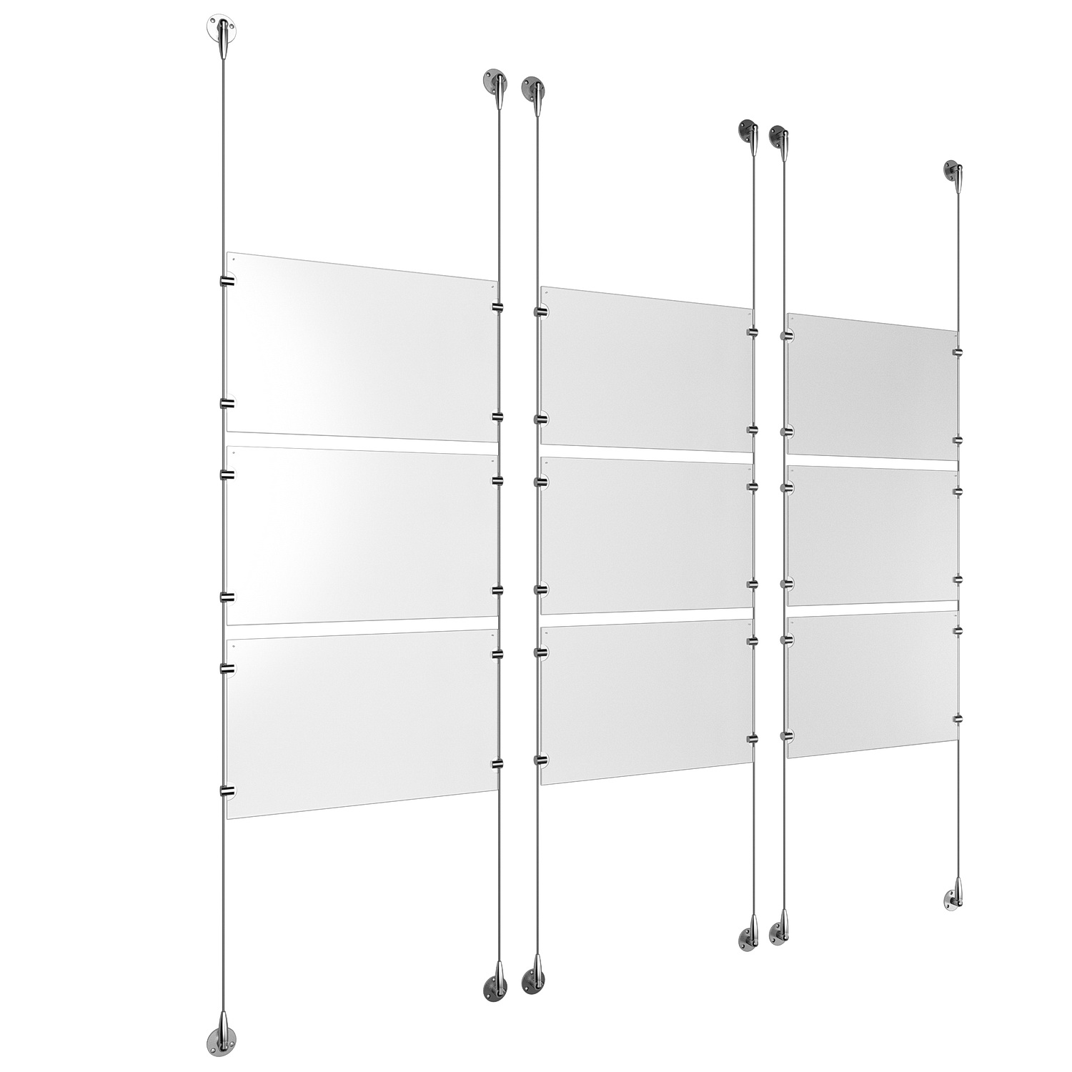 (9) 17'' Width x 11'' Height Clear Acrylic Frame & (6) Stainless Steel Satin Brushed Adjustable Angle Signature 1/8'' Cable Systems with (36) Single-Sided Panel Grippers