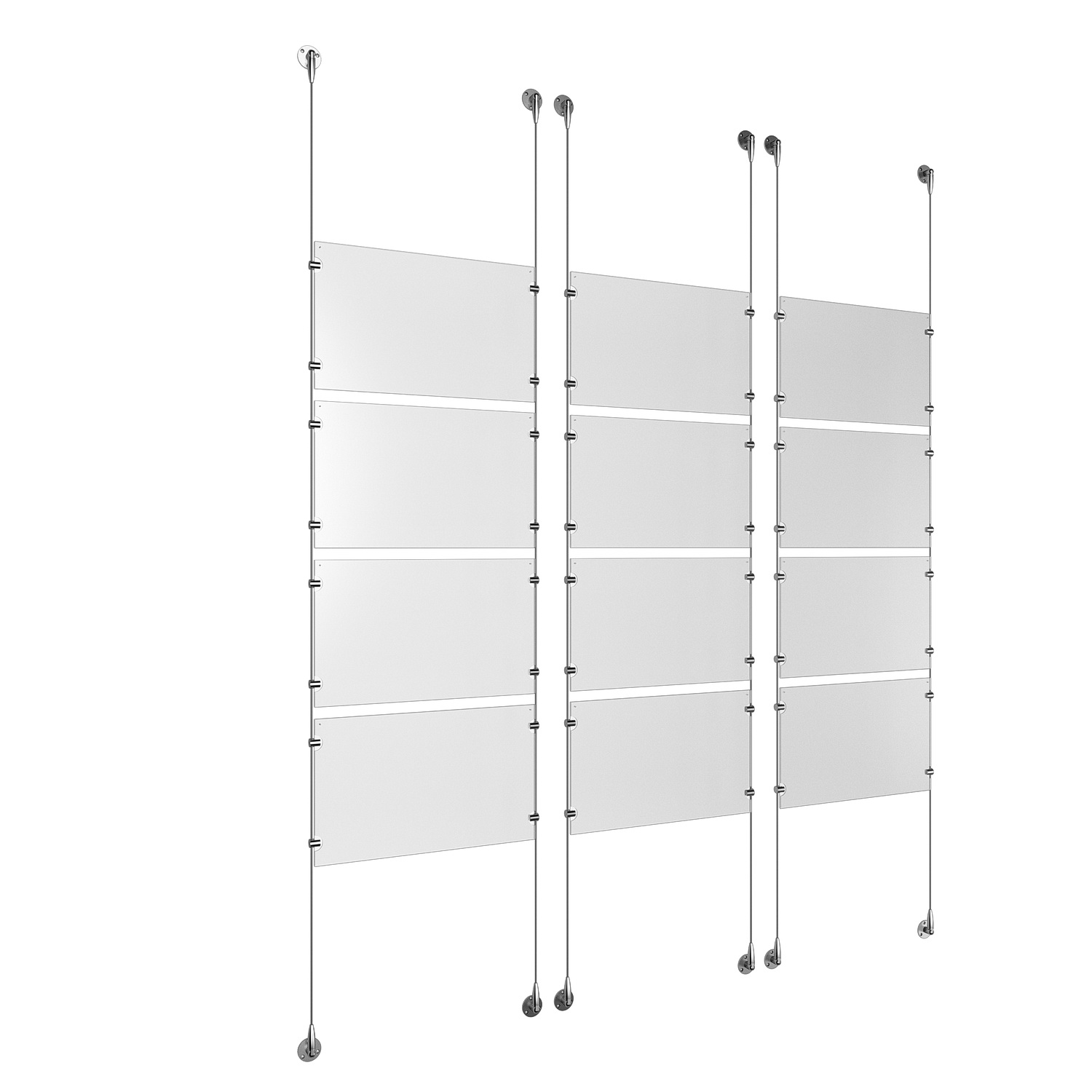 (12) 17'' Width x 11'' Height Clear Acrylic Frame & (6) Stainless Steel Satin Brushed Adjustable Angle Signature 1/8'' Cable Systems with (48) Single-Sided Panel Grippers