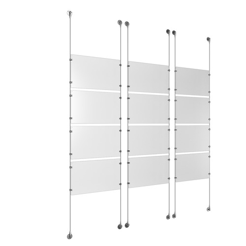 (12) 17'' Width x 11'' Height Clear Acrylic Frame & (6) Stainless Steel Satin Brushed Adjustable Angle Signature 1/8'' Cable Systems with (48) Single-Sided Panel Grippers