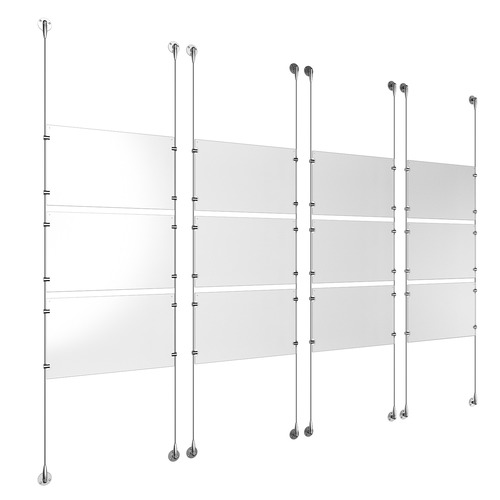 (12) 17'' Width x 11'' Height Clear Acrylic Frame & (8) Stainless Steel Satin Brushed Adjustable Angle Signature 1/8'' Cable Systems with (48) Single-Sided Panel Grippers