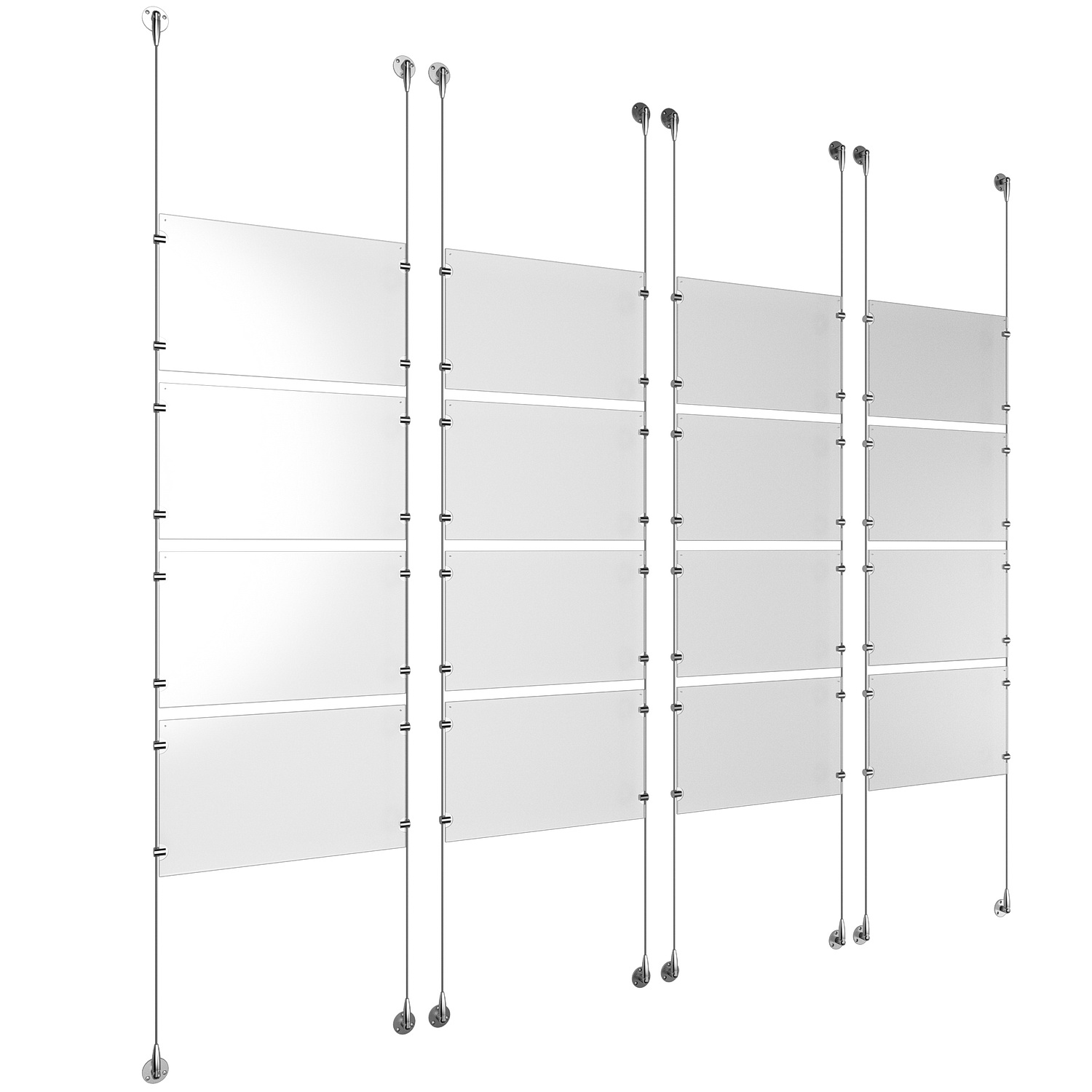 (16) 17'' Width x 11'' Height Clear Acrylic Frame & (8) Stainless Steel Satin Brushed Adjustable Angle Signature 1/8'' Cable Systems with (64) Single-Sided Panel Grippers