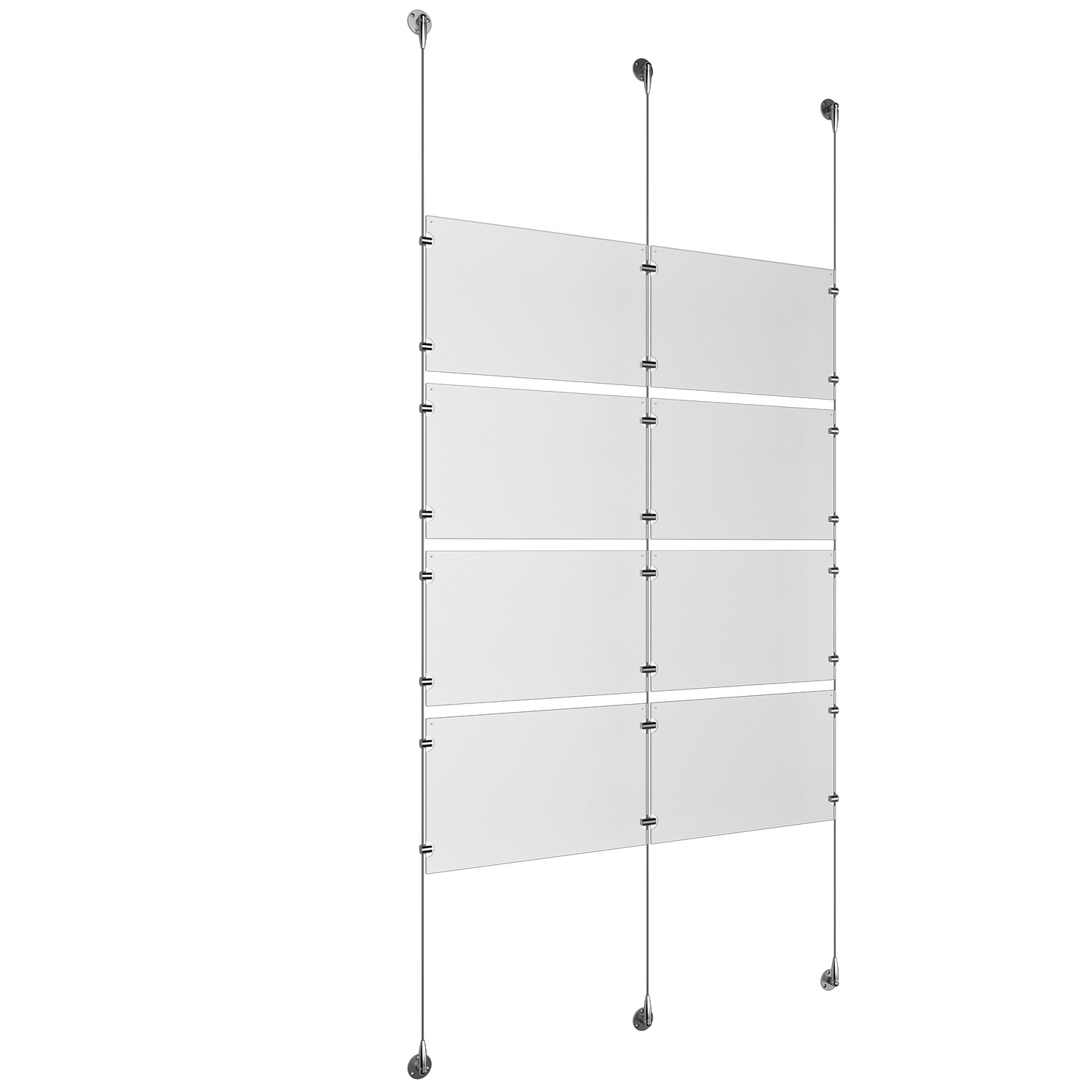 (8) 17'' Width x 11'' Height Clear Acrylic Frame & (3) Stainless Steel Satin Brushed Adjustable Angle Signature 1/8'' Cable Systems with (16) Single-Sided Panel Grippers (8) Double-Sided Panel Grippers