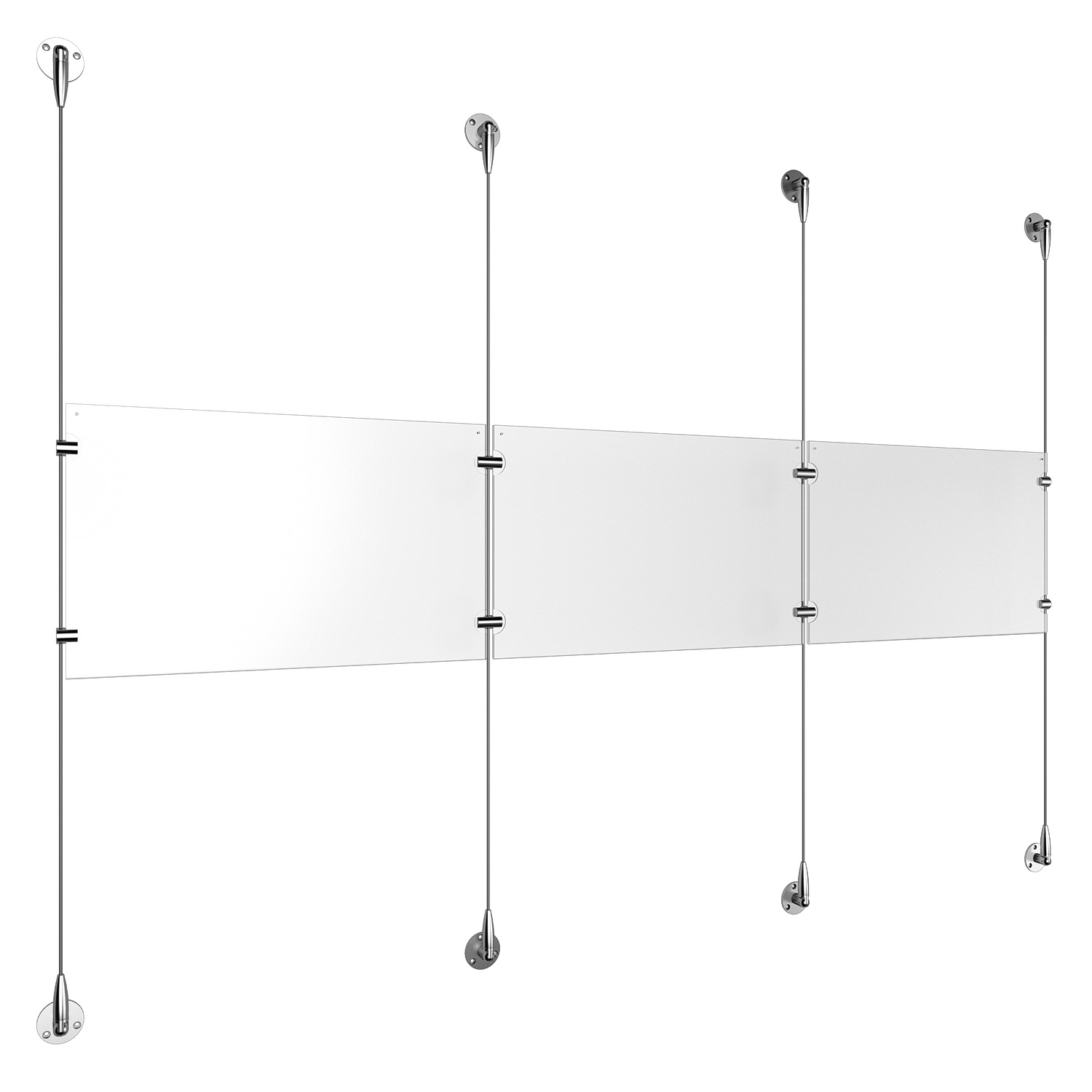 (3) 17'' Width x 11'' Height Clear Acrylic Frame & (4) Stainless Steel Satin Brushed Adjustable Angle Signature 1/8'' Cable Systems with (4) Single-Sided Panel Grippers (4) Double-Sided Panel Grippers