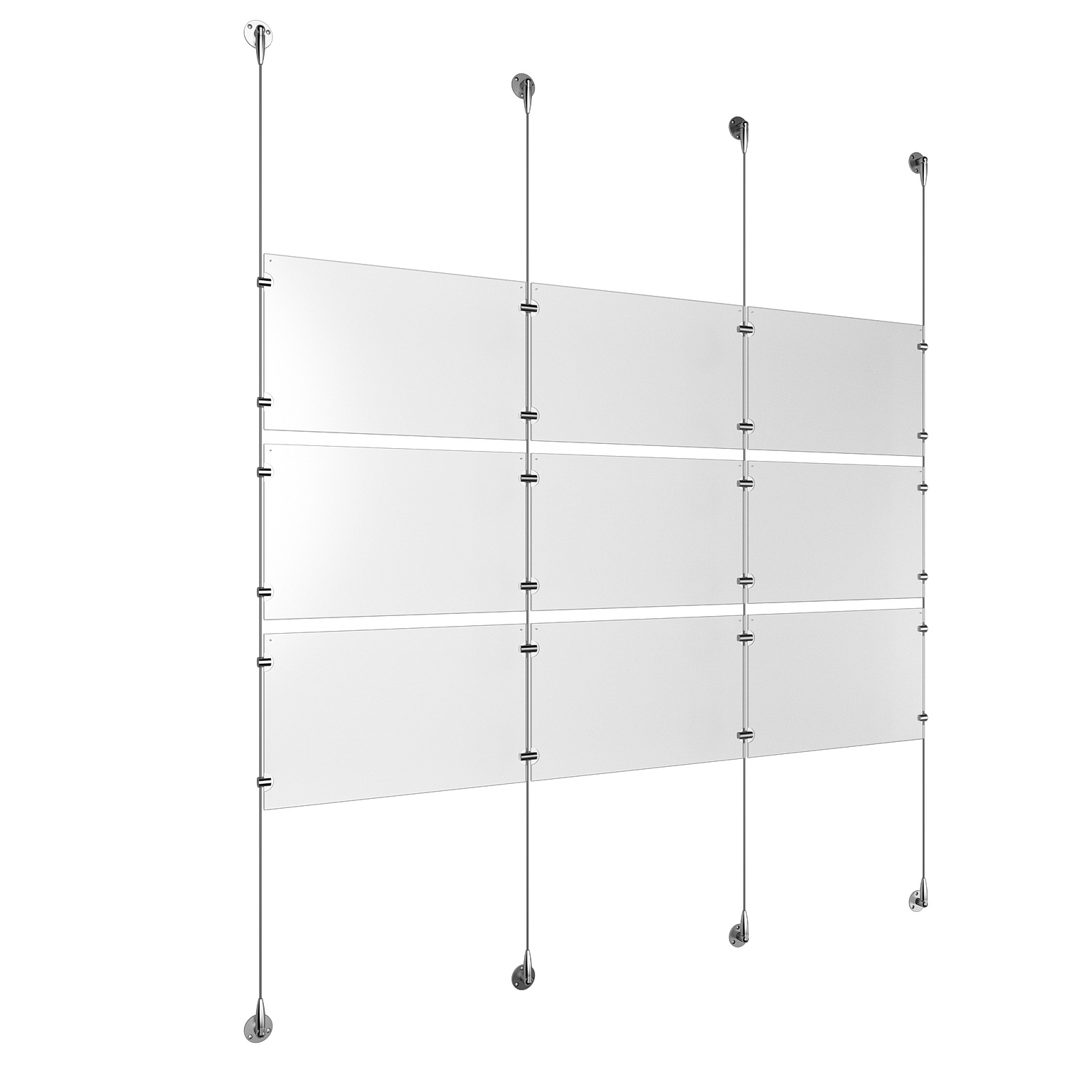 (9) 17'' Width x 11'' Height Clear Acrylic Frame & (4) Stainless Steel Satin Brushed Adjustable Angle Signature 1/8'' Cable Systems with (12) Single-Sided Panel Grippers (12) Double-Sided Panel Grippers