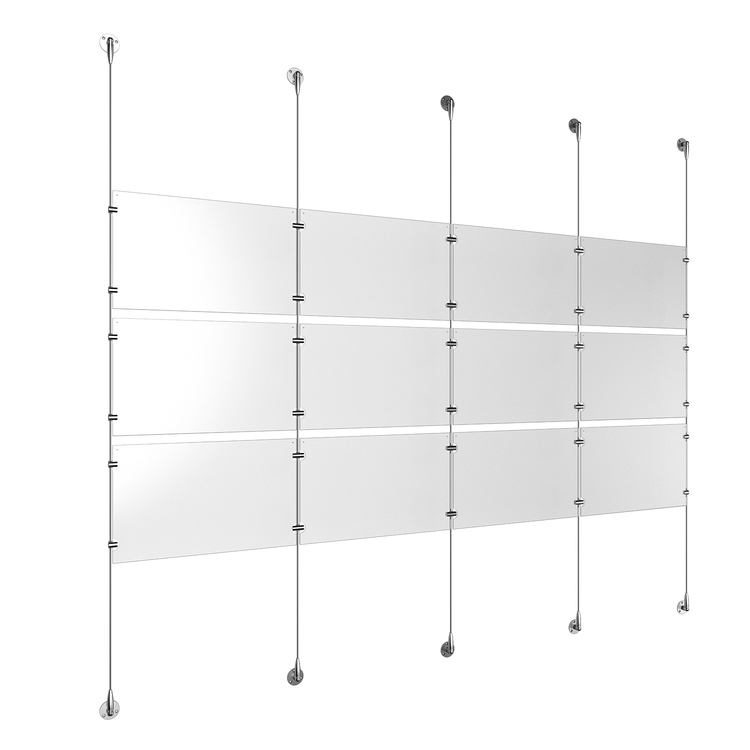 (12) 17'' Width x 11'' Height Clear Acrylic Frame & (5) Stainless Steel Satin Brushed Adjustable Angle Signature 1/8'' Cable Systems with (12) Single-Sided Panel Grippers (18) Double-Sided Panel Grippers
