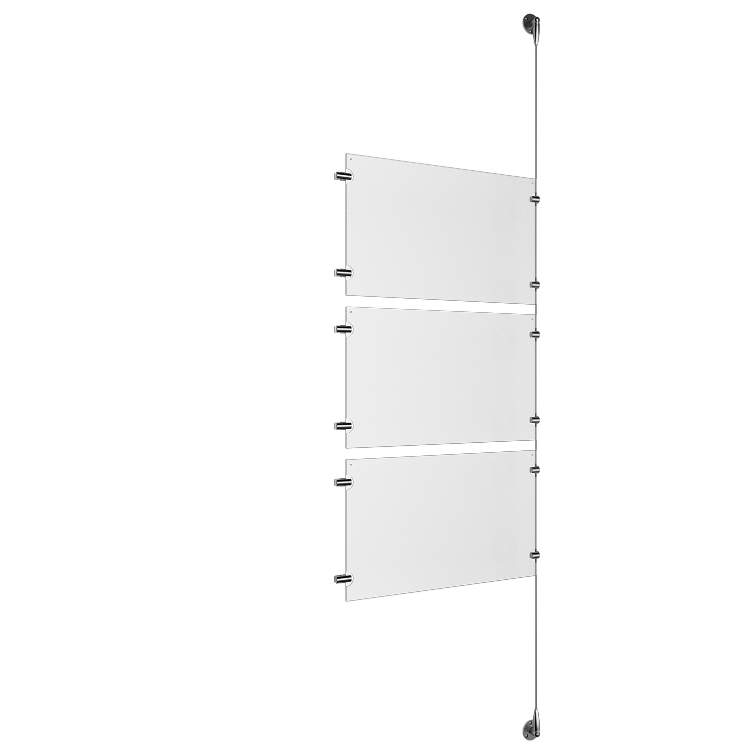 (3) 17'' Width x 11'' Height Clear Acrylic Frame & (1) Stainless Steel Satin Brushed Adjustable Angle Signature 1/8'' Cable Systems with (6) Single-Sided Panel Grippers (6) Double-Sided Panel Grippers
