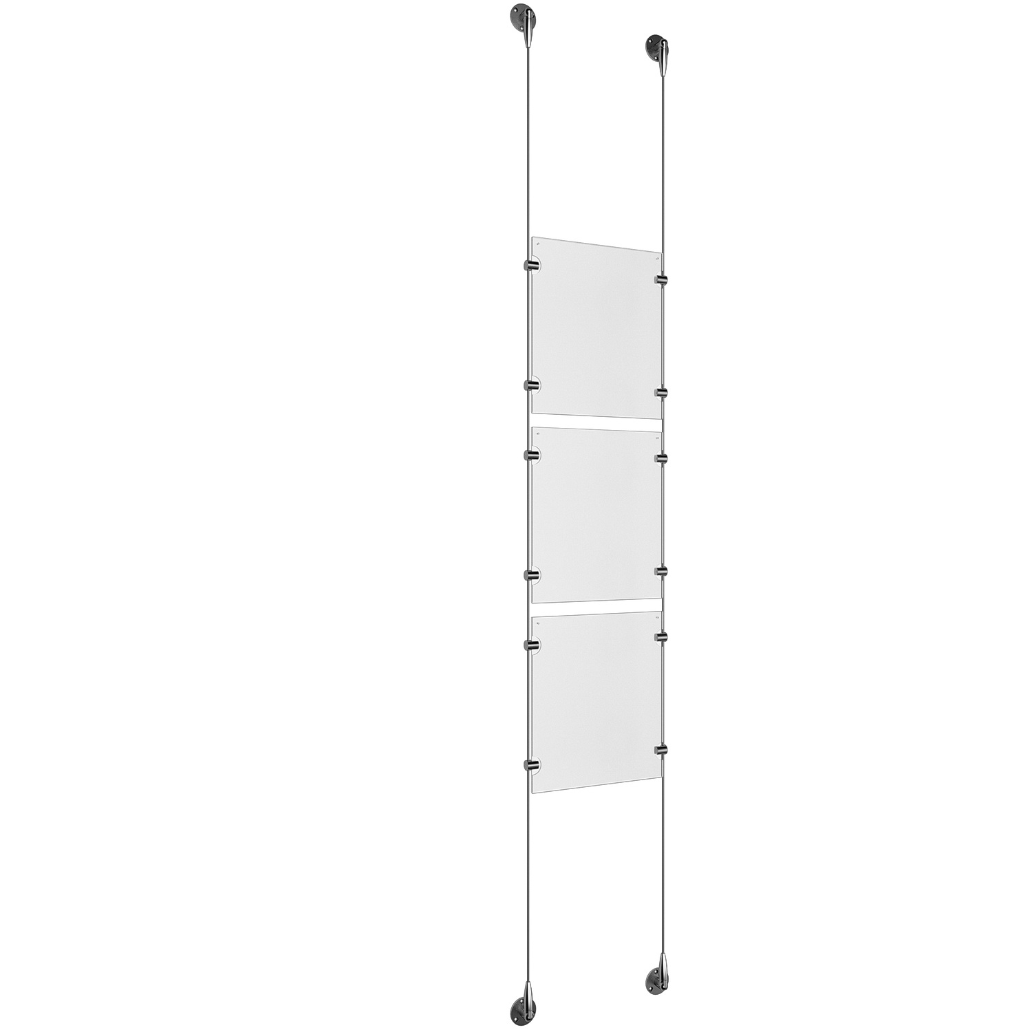 (3) 8-1/2'' Width x 11'' Height Clear Acrylic Frame & (2) Stainless Steel Satin Brushed Adjustable Angle Signature 1/8'' Cable Systems with (12) Single-Sided Panel Grippers