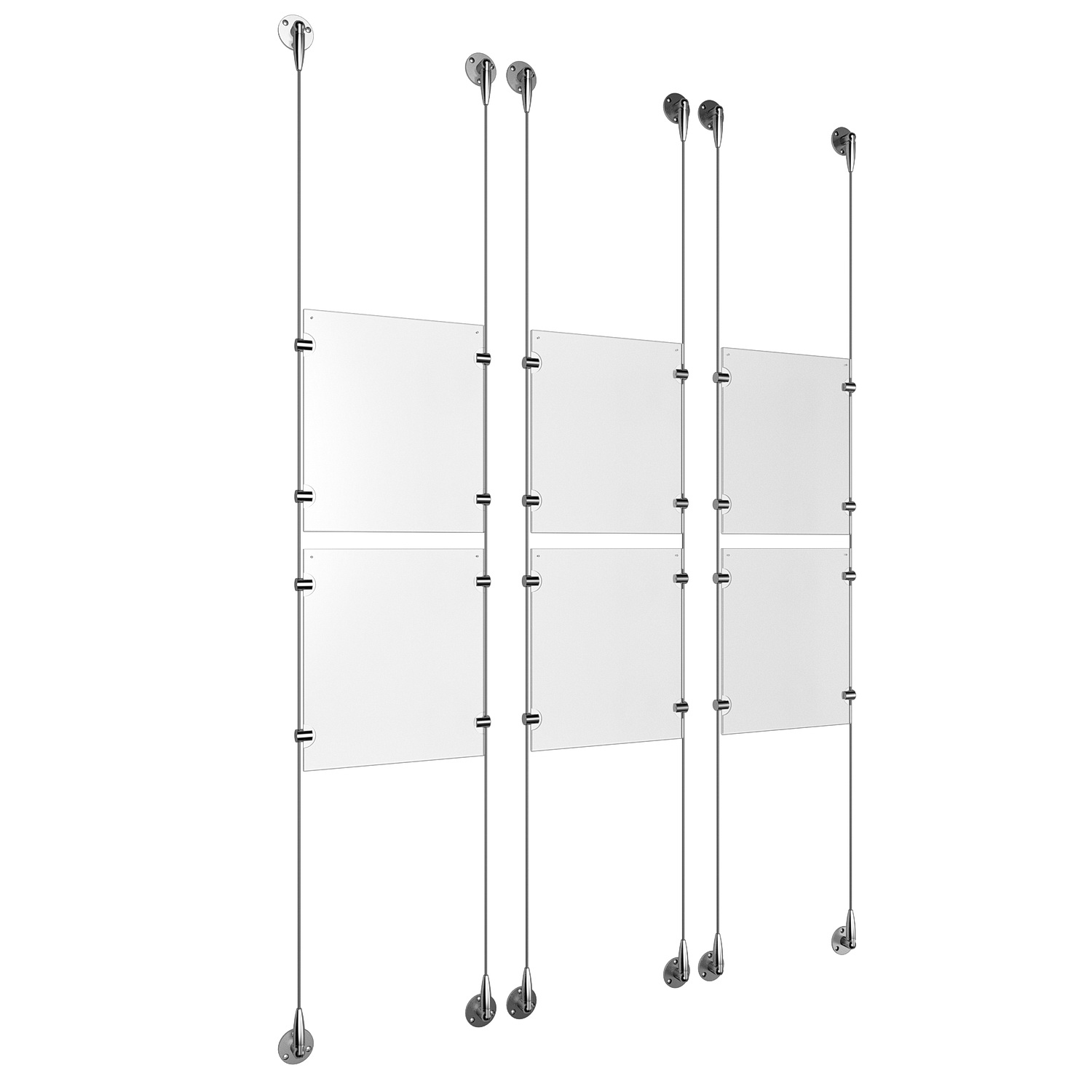 (6) 8-1/2'' Width x 11'' Height Clear Acrylic Frame & (6) Stainless Steel Satin Brushed Adjustable Angle Signature 1/8'' Cable Systems with (24) Single-Sided Panel Grippers