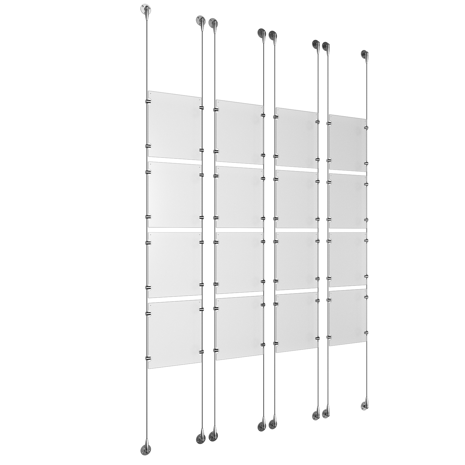 (16) 8-1/2'' Width x 11'' Height Clear Acrylic Frame & (8) Stainless Steel Satin Brushed Adjustable Angle Signature 1/8'' Cable Systems with (64) Single-Sided Panel Grippers