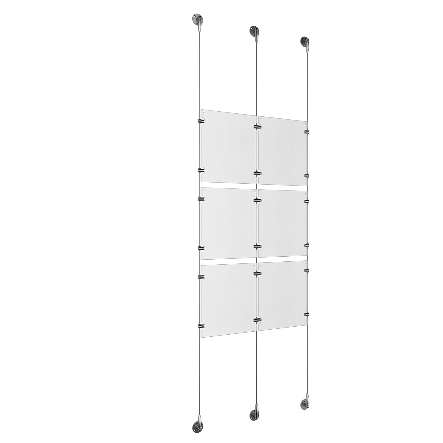 (6) 8-1/2'' Width x 11'' Height Clear Acrylic Frame & (3) Stainless Steel Satin Brushed Adjustable Angle Signature 1/8'' Cable Systems with (12) Single-Sided Panel Grippers (6) Double-Sided Panel Grippers
