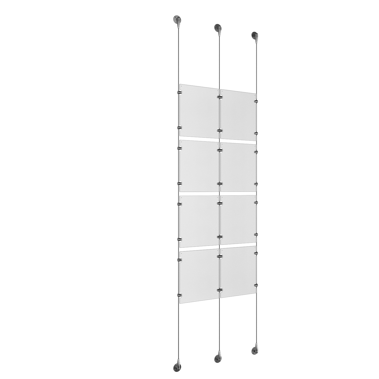 (8) 8-1/2'' Width x 11'' Height Clear Acrylic Frame & (3) Stainless Steel Satin Brushed Adjustable Angle Signature 1/8'' Cable Systems with (16) Single-Sided Panel Grippers (8) Double-Sided Panel Grippers
