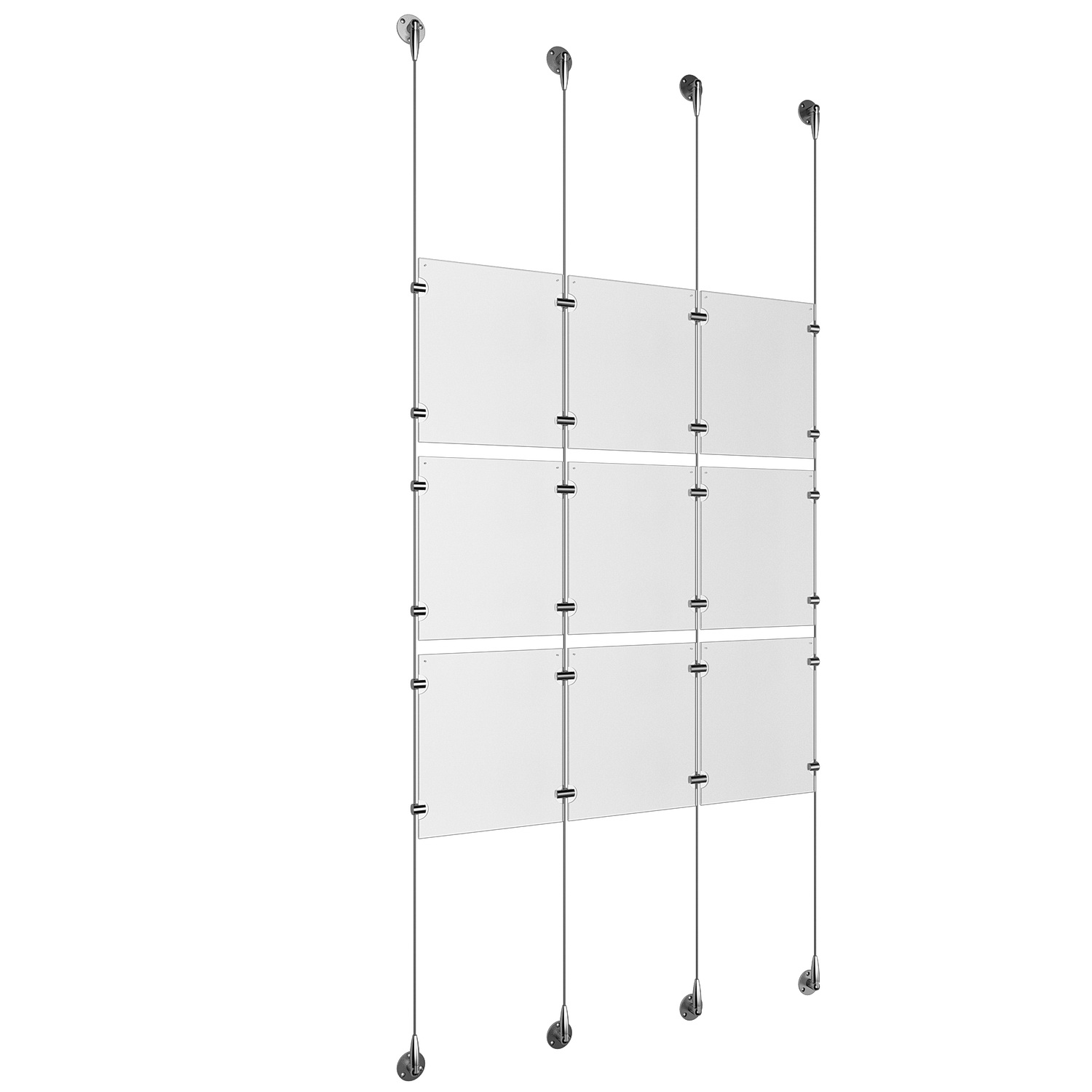(9) 8-1/2'' Width x 11'' Height Clear Acrylic Frame & (4) Stainless Steel Satin Brushed Adjustable Angle Signature 1/8'' Cable Systems with (12) Single-Sided Panel Grippers (12) Double-Sided Panel Grippers