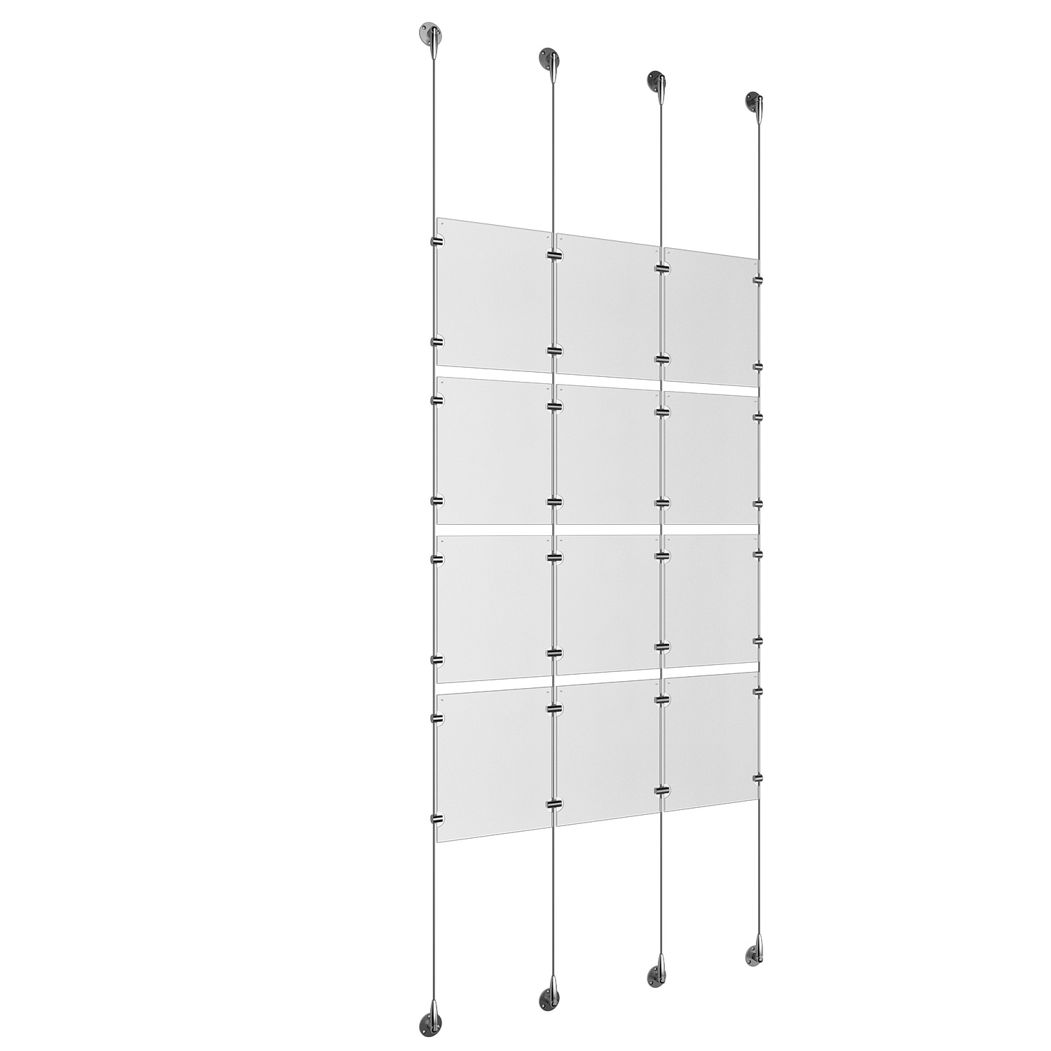 (12) 8-1/2'' Width x 11'' Height Clear Acrylic Frame & (4) Stainless Steel Satin Brushed Adjustable Angle Signature 1/8'' Cable Systems with (16) Single-Sided Panel Grippers (16) Double-Sided Panel Grippers