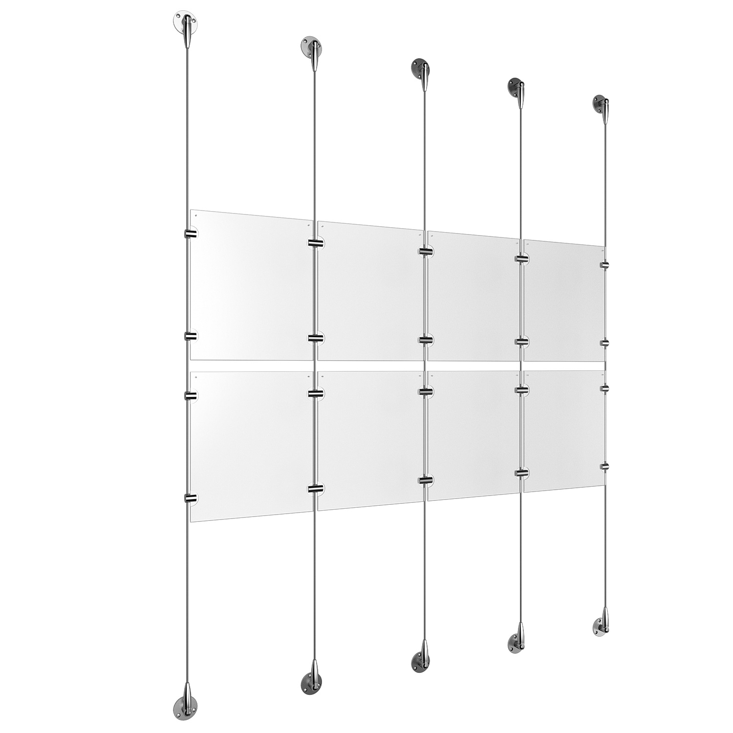 (8) 8-1/2'' Width x 11'' Height Clear Acrylic Frame & (5) Stainless Steel Satin Brushed Adjustable Angle Signature 1/8'' Cable Systems with (8) Single-Sided Panel Grippers (12) Double-Sided Panel Grippers