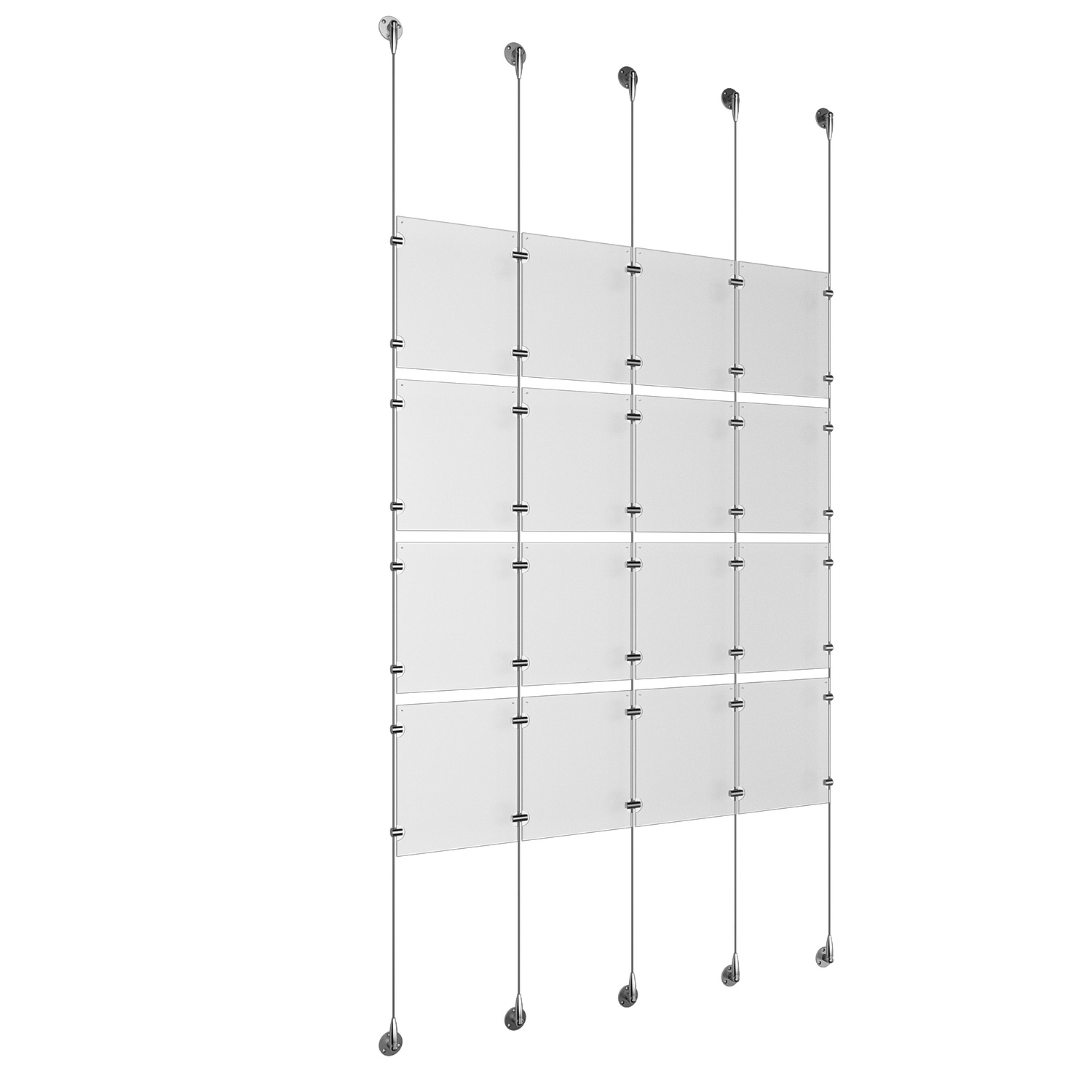 (16) 8-1/2'' Width x 11'' Height Clear Acrylic Frame & (5) Stainless Steel Satin Brushed Adjustable Angle Signature 1/8'' Cable Systems with (16) Single-Sided Panel Grippers (24) Double-Sided Panel Grippers