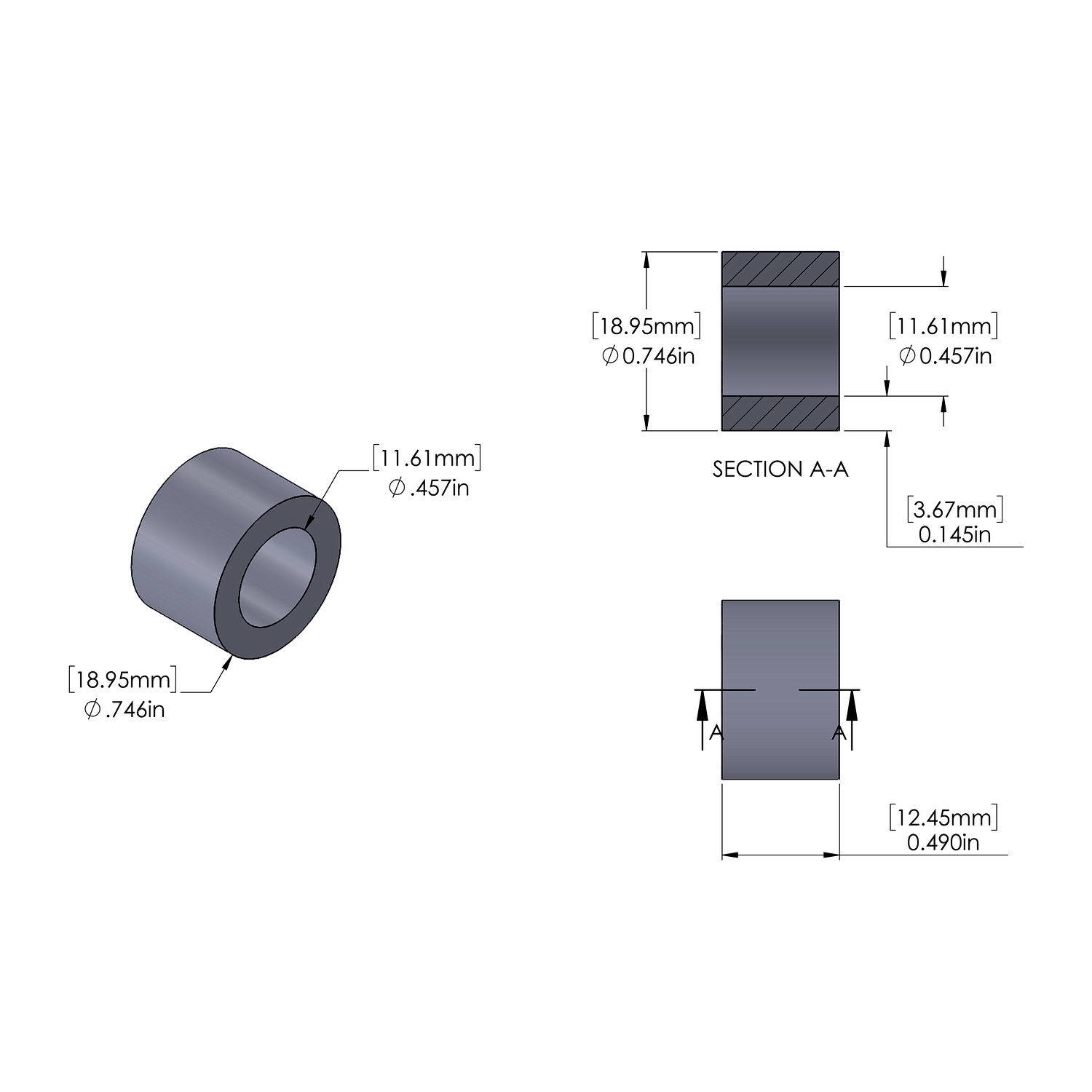 Aluminum Spacer .746'' OD x .457'' ID x .490'' Long, Plain Aluminum Finish