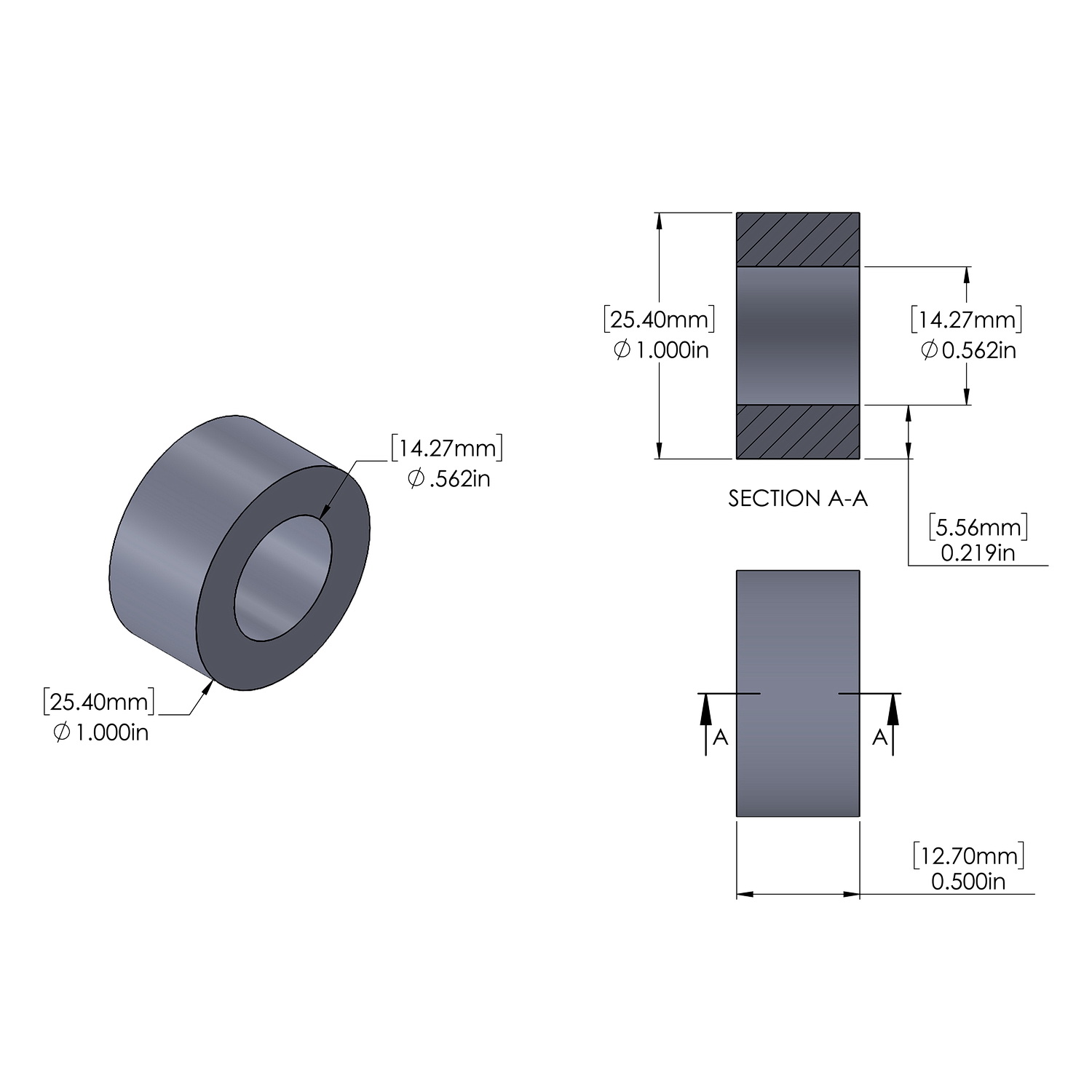 Aluminum Spacer 1.000'' OD x .562'' ID x 1/2'' Long, Plain Aluminum Finish