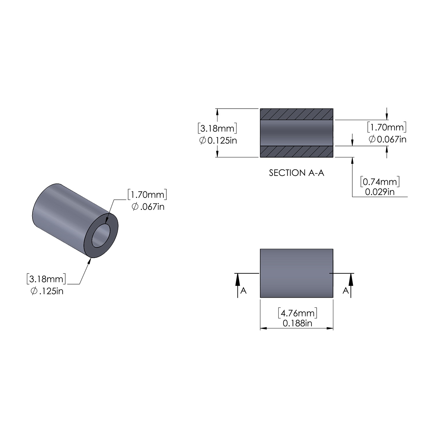 Aluminum Spacer 1/8'' OD x .067ID x 3/16'' Long, Plain Aluminum Finish