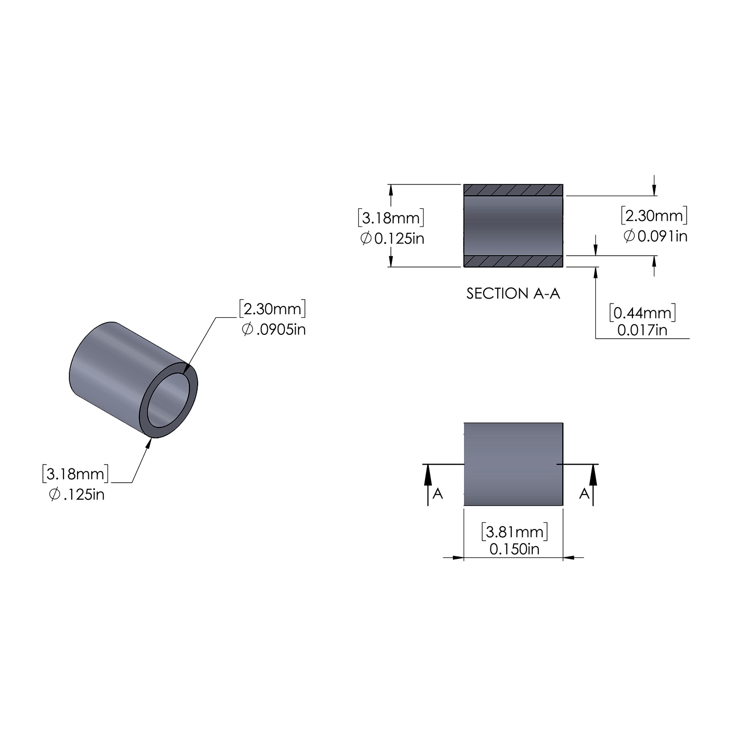 Aluminum Spacer 1/8'' OD x .0905'' ID x .150'' Long, Plain Aluminum Finish