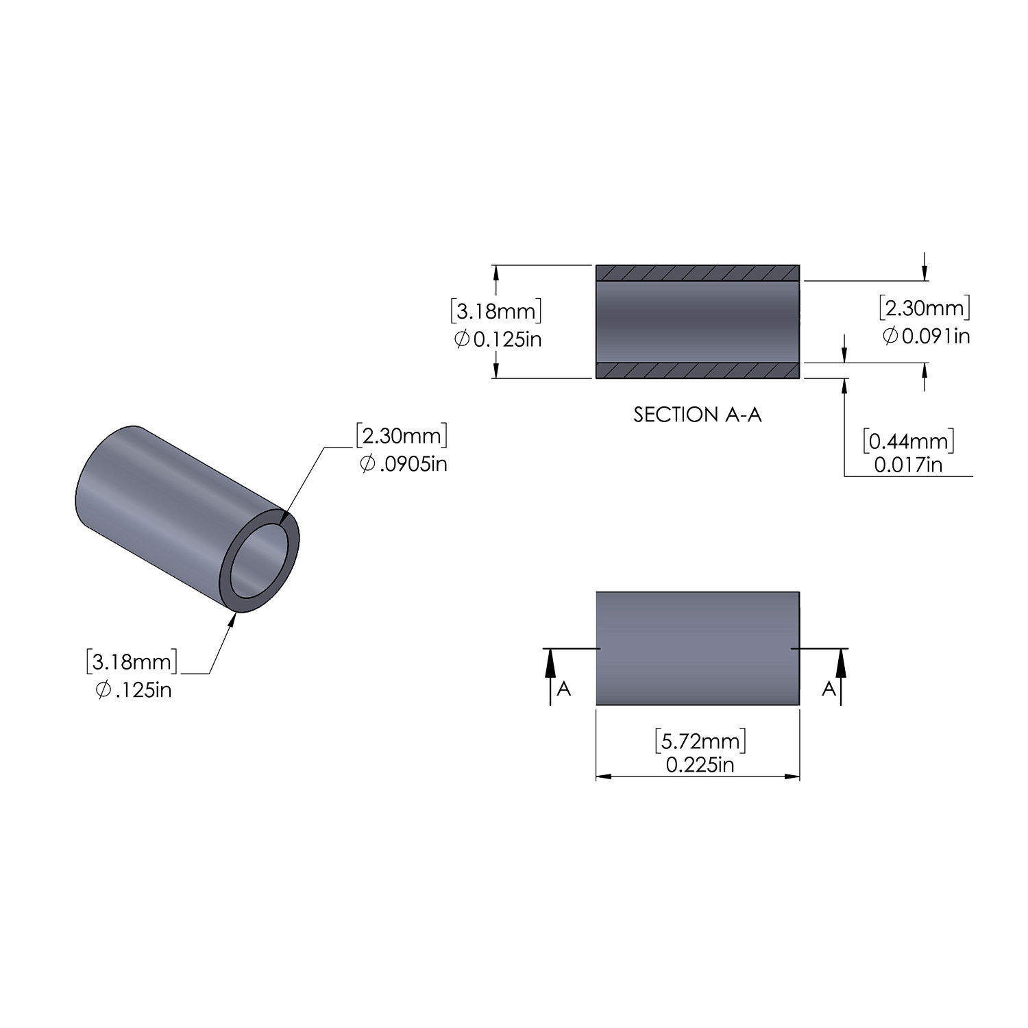 Aluminum Spacer 1/8'' OD x .0905'' ID x .225'' Long, Plain Aluminum Finish