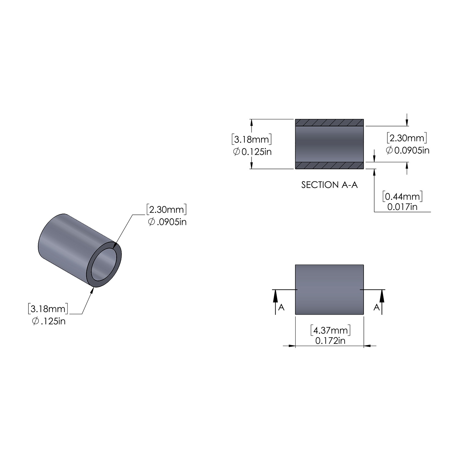 Aluminum Spacer 1/8'' OD x .0905ID x 11/64'' Long