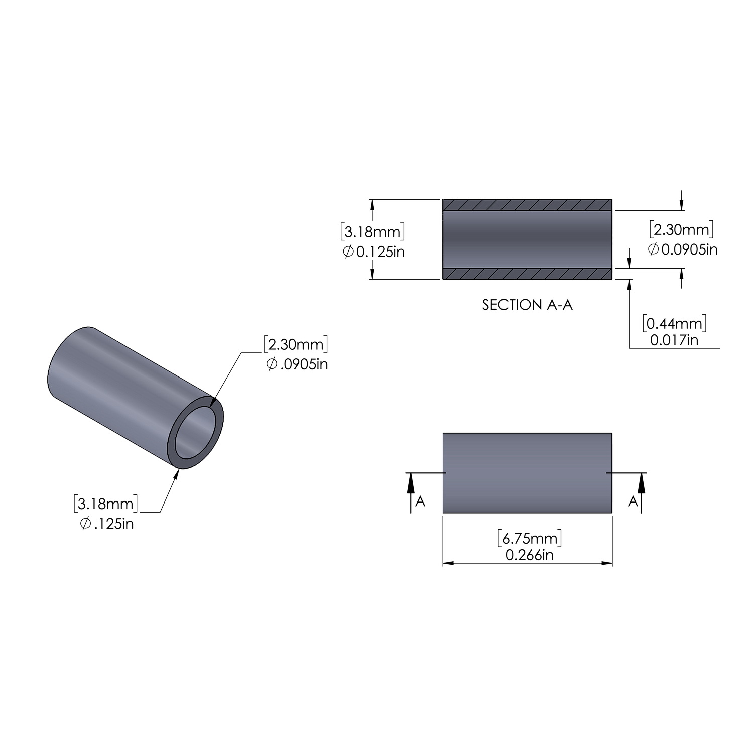 Aluminum Spacer 1/8'' OD x .0905'' ID x 17/64'' Long, Plain Aluminum Finish