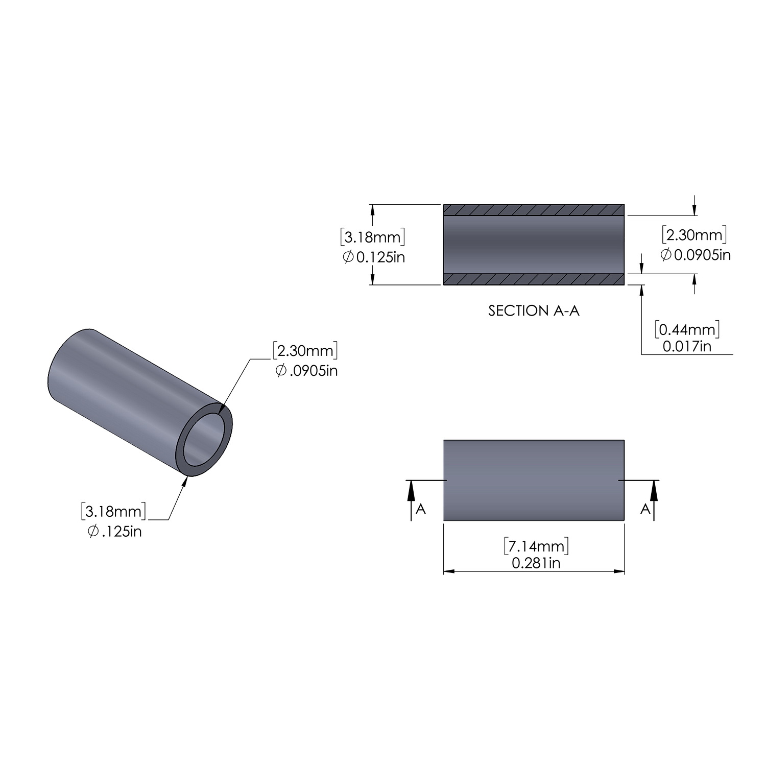 Aluminum Spacer 1/8'' OD x .0905'' ID x 9/32'' Long, Plain Aluminum Finish
