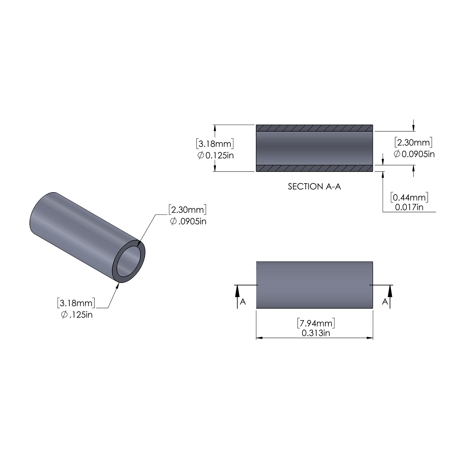 Aluminum Spacer 1/8'' OD x .0905'' ID x 5/16'' Long, Plain Aluminum Finish