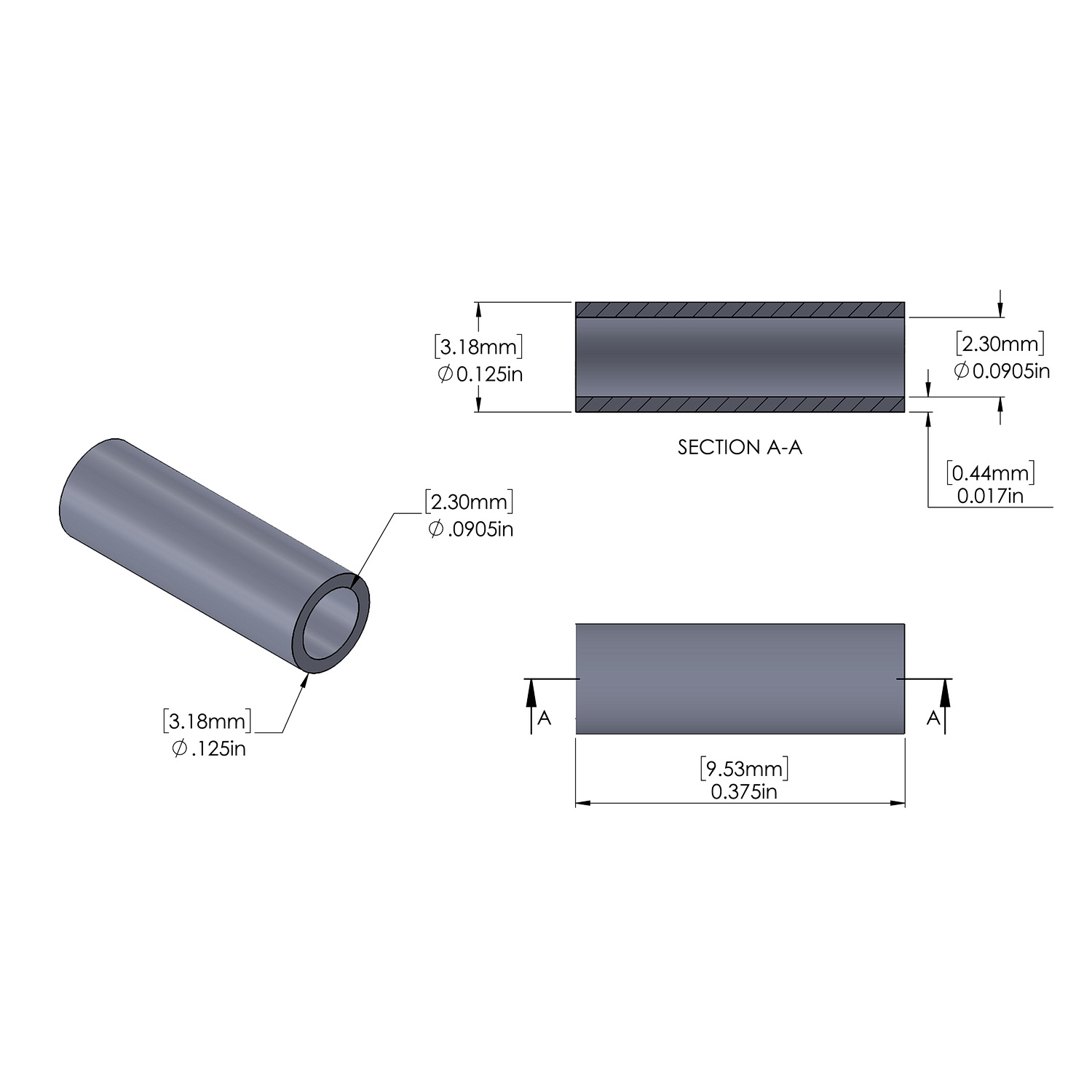 Aluminum Spacer 1/8'' OD x .0905'' ID x 3/8'' Long, Plain Aluminum Finish