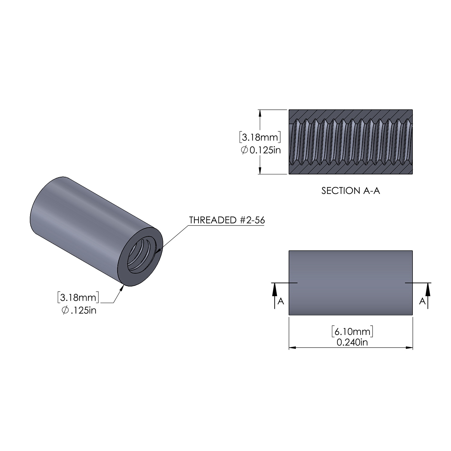 Aluminum Standoff 1/8'' OD x 2-56 Thread x .240'' Long, Plain Aluminum Finish