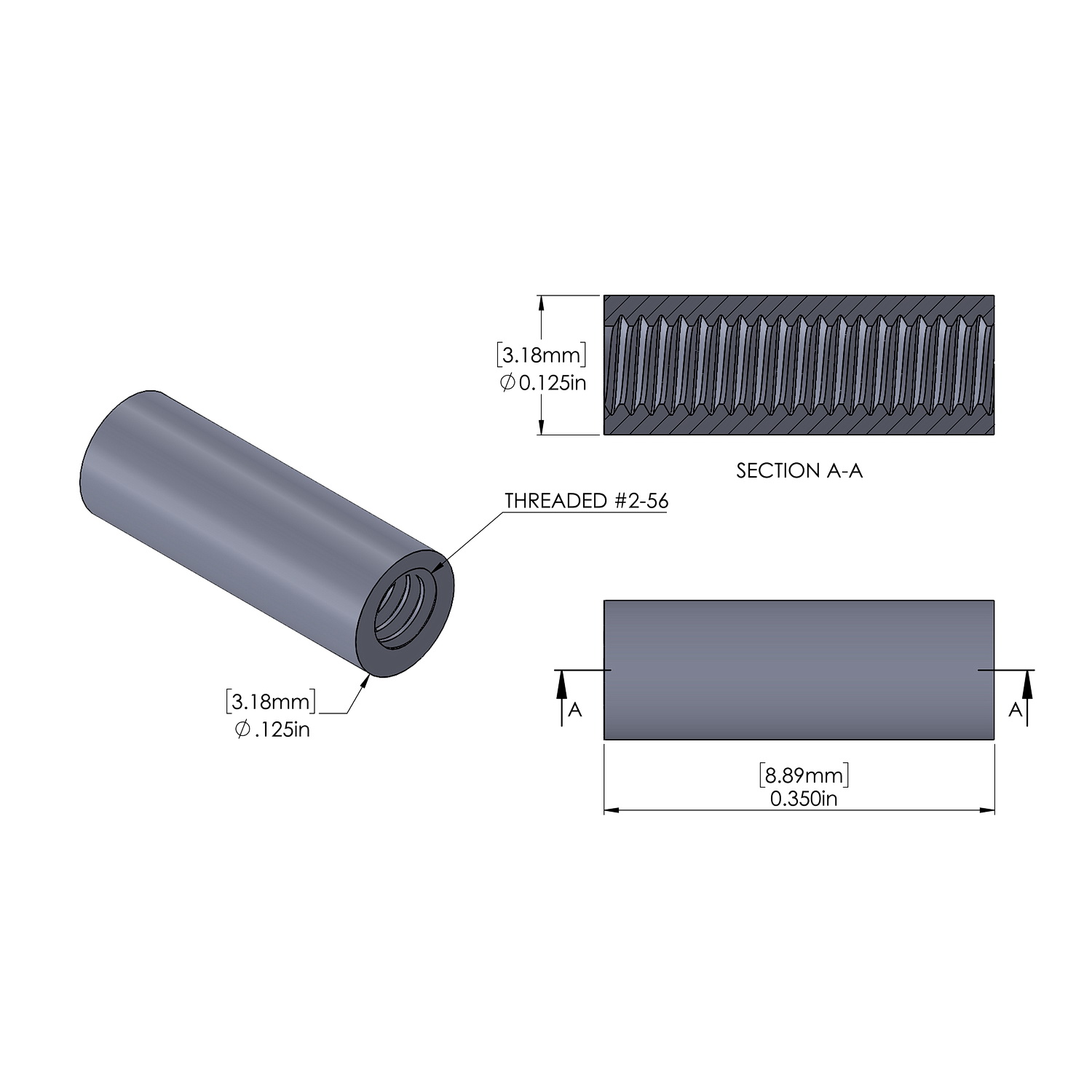 Aluminum Standoff 1/8'' OD x 2-56 Thread x .350'' Long, Plain Aluminum Finish