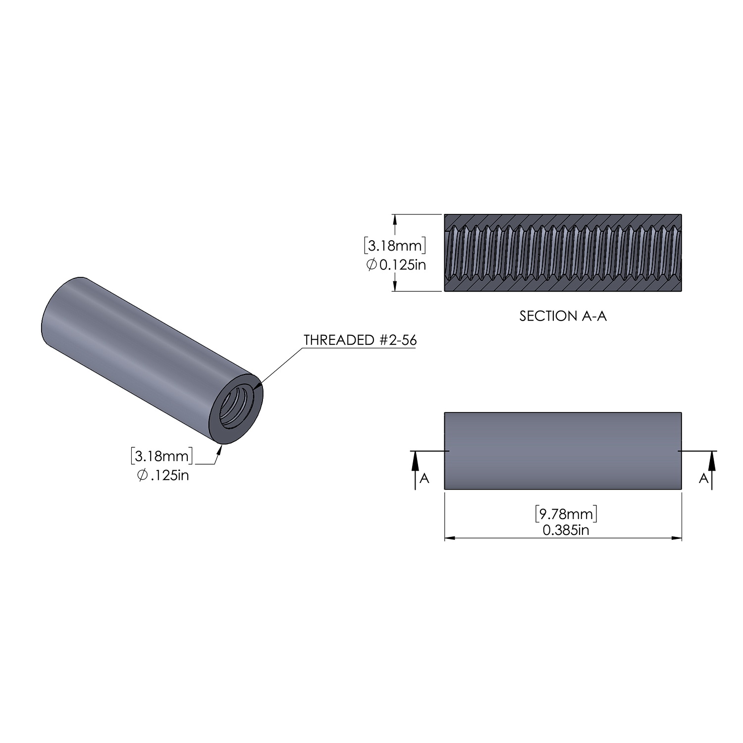 Aluminum Standoff 1/8'' OD x 2-56 Thread x .385'' Long, Plain Aluminum Finish