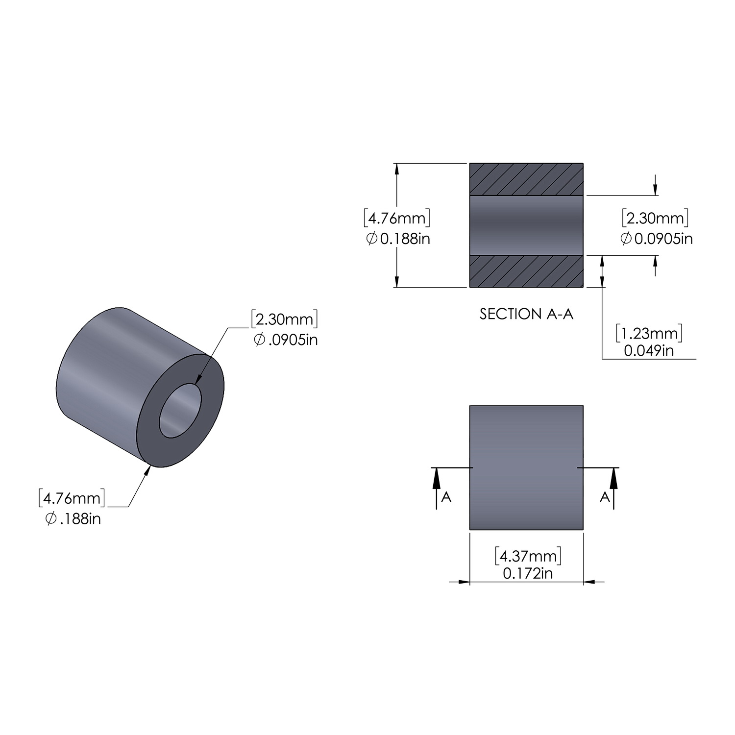 Aluminum Spacer 3/16'' OD x .0905'' ID x 11/64'' Long, Plain Aluminum Finish