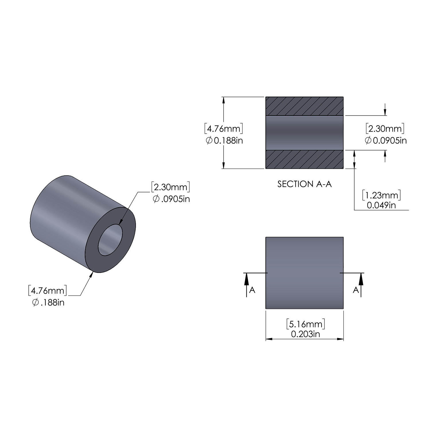 Aluminum Spacer 3/16'' OD x .0905'' ID x 13/64'' Long, Plain Aluminum Finish