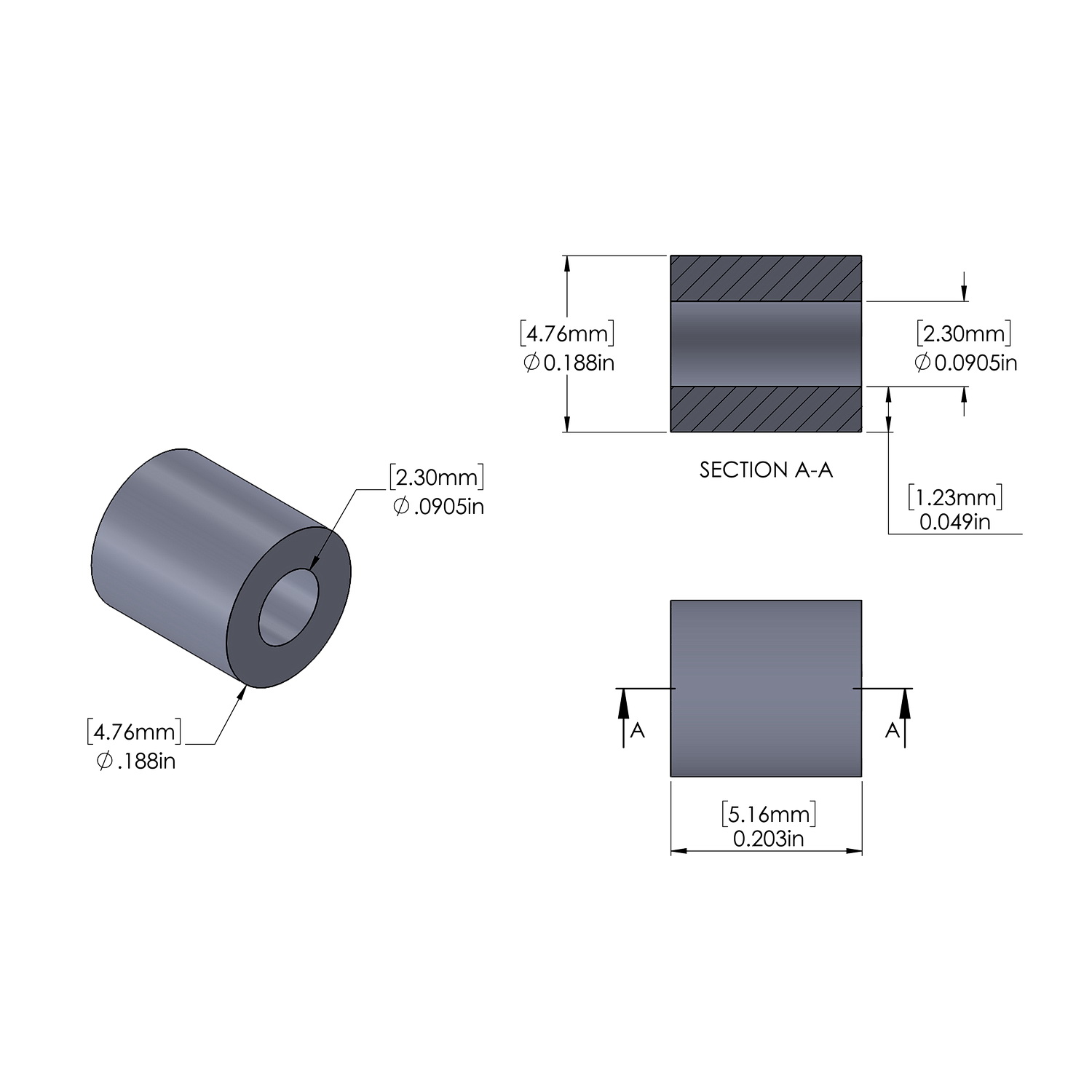 Aluminum Spacer 3/16'' OD x .0905'' ID x 15/64'' Long, Plain Aluminum Finish
