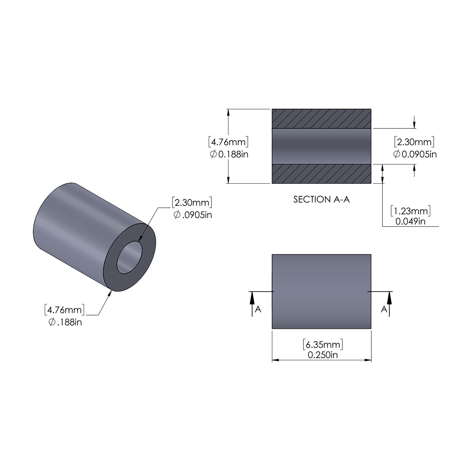 Aluminum Spacer 3/16'' OD x .0905'' ID x 1/4'' Long, Plain Aluminum Finish