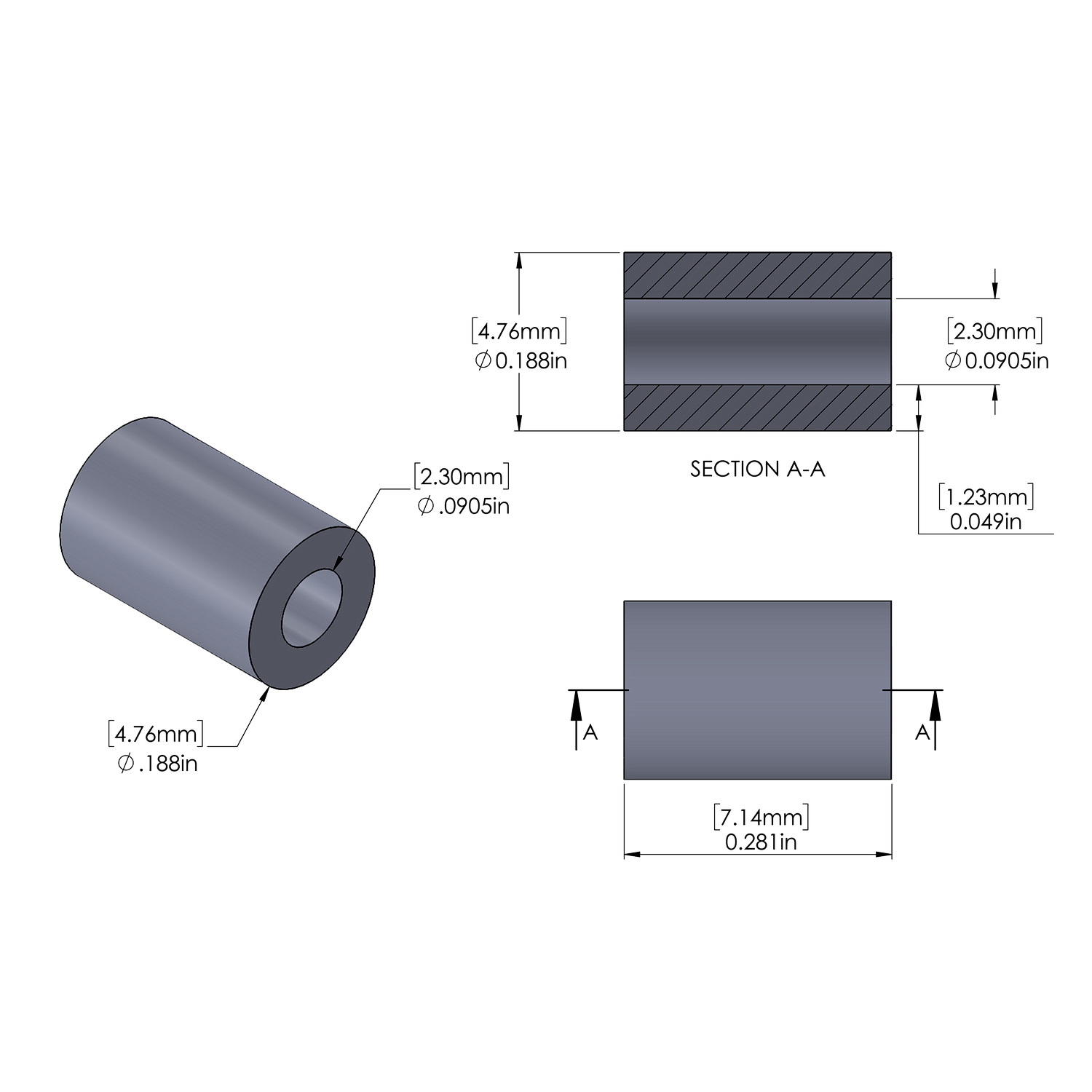Aluminum Spacer 3/16'' OD x .0905'' ID x 9/32'' Long, Plain Aluminum Finish