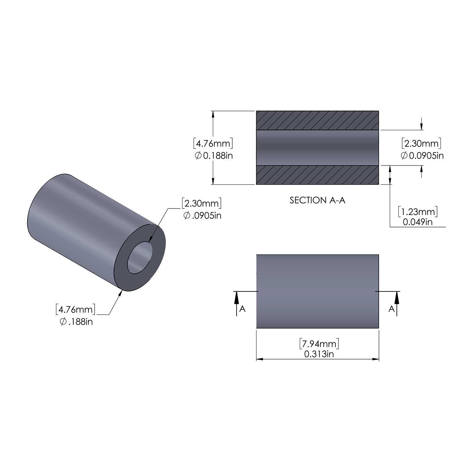 Aluminum Spacer 3/16'' OD x .0905'' ID x 5/16'' Long, Plain Aluminum Finish