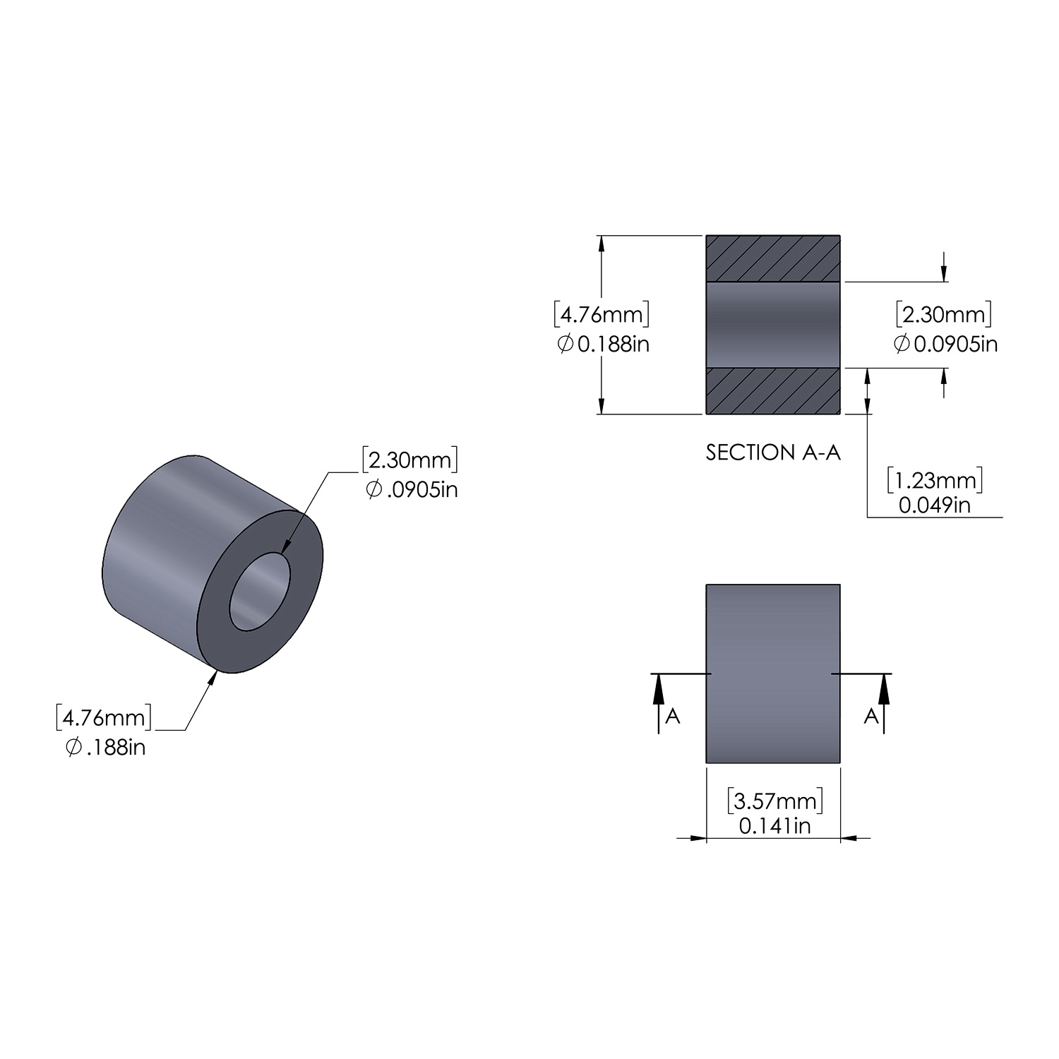 Aluminum Spacer 3/16'' OD x .0905'' ID x 9/64'' Long, Plain Aluminum Finish