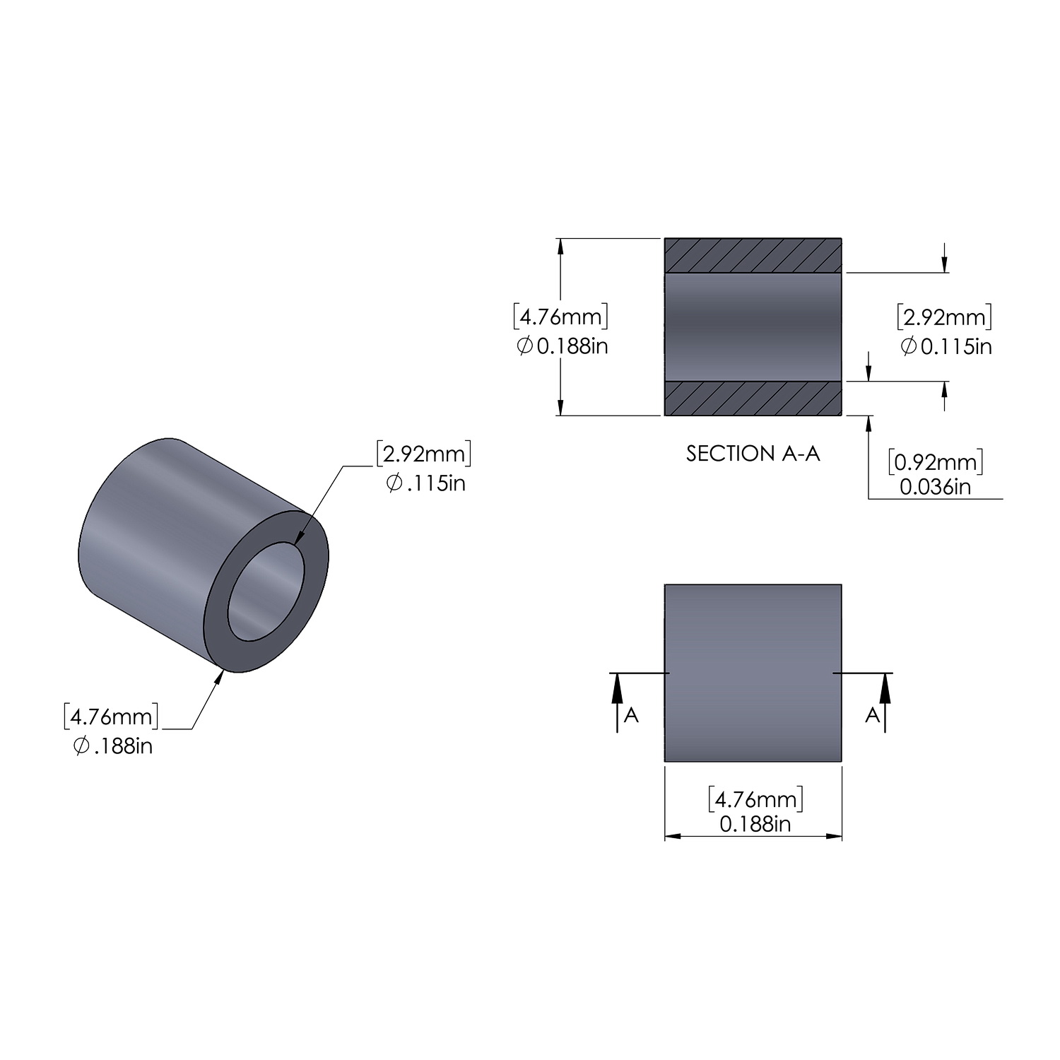 Aluminum Spacer 3/16'' OD x .115'' ID x 3/16'' Long, Plain Aluminum Finish