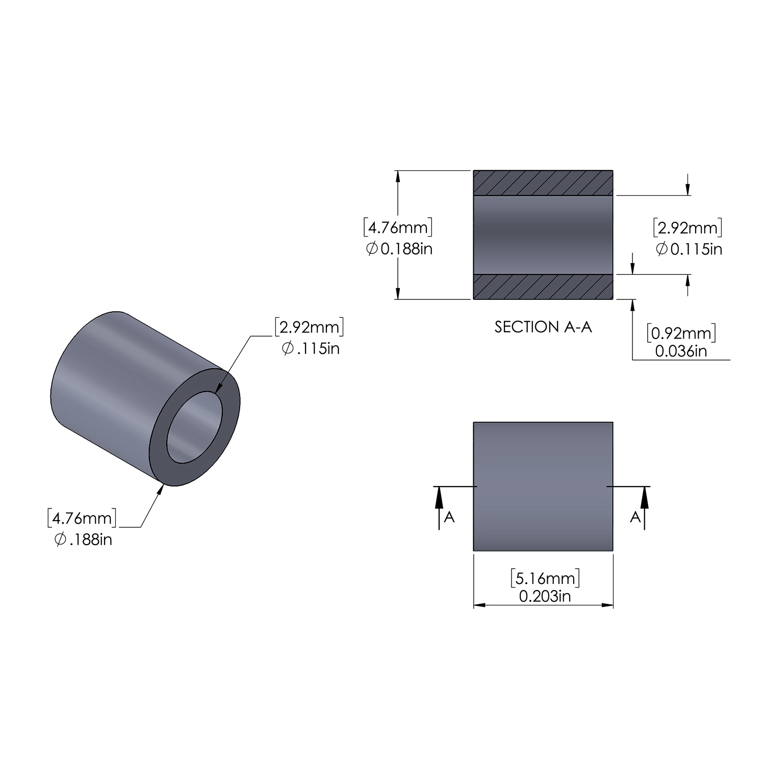 Aluminum Spacer 3/16'' OD x .115'' ID x 13/64'' Long