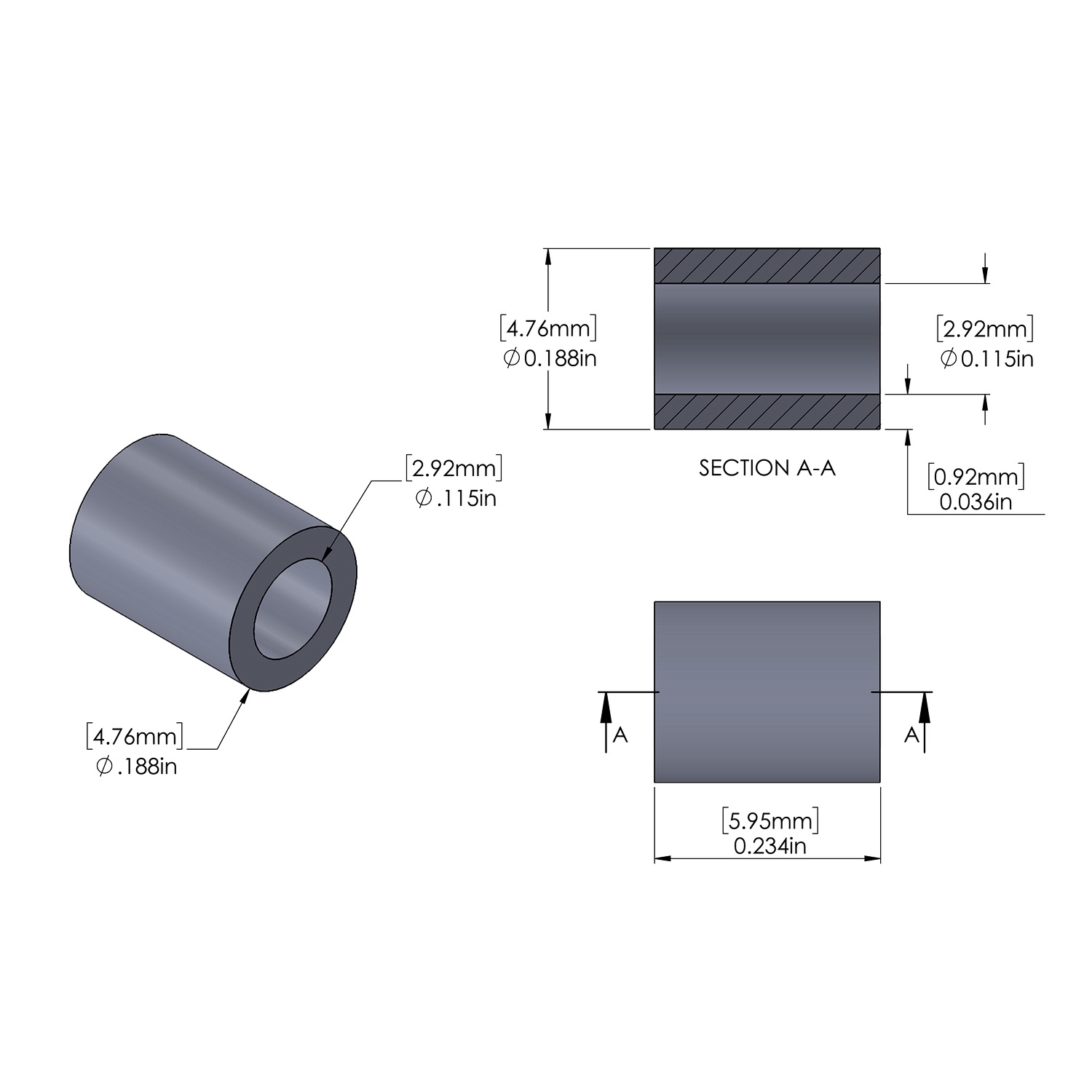 Aluminum Spacer 3/16'' OD x .115'' ID x 15/64'' Long, Plain Aluminum Finish