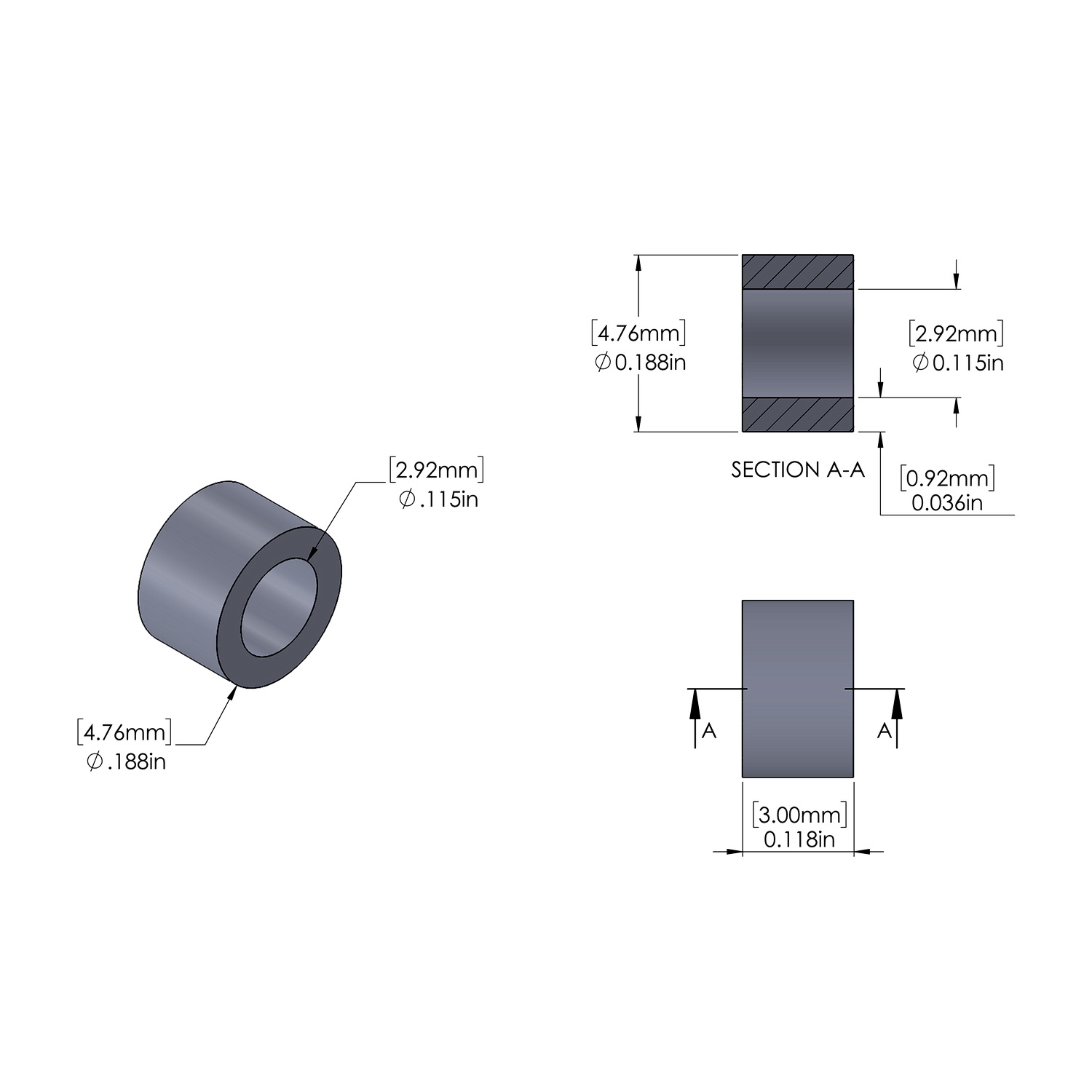 Aluminum Spacer 3/16'' OD x .115'' ID x 3mm Long, Plain Aluminum Finish