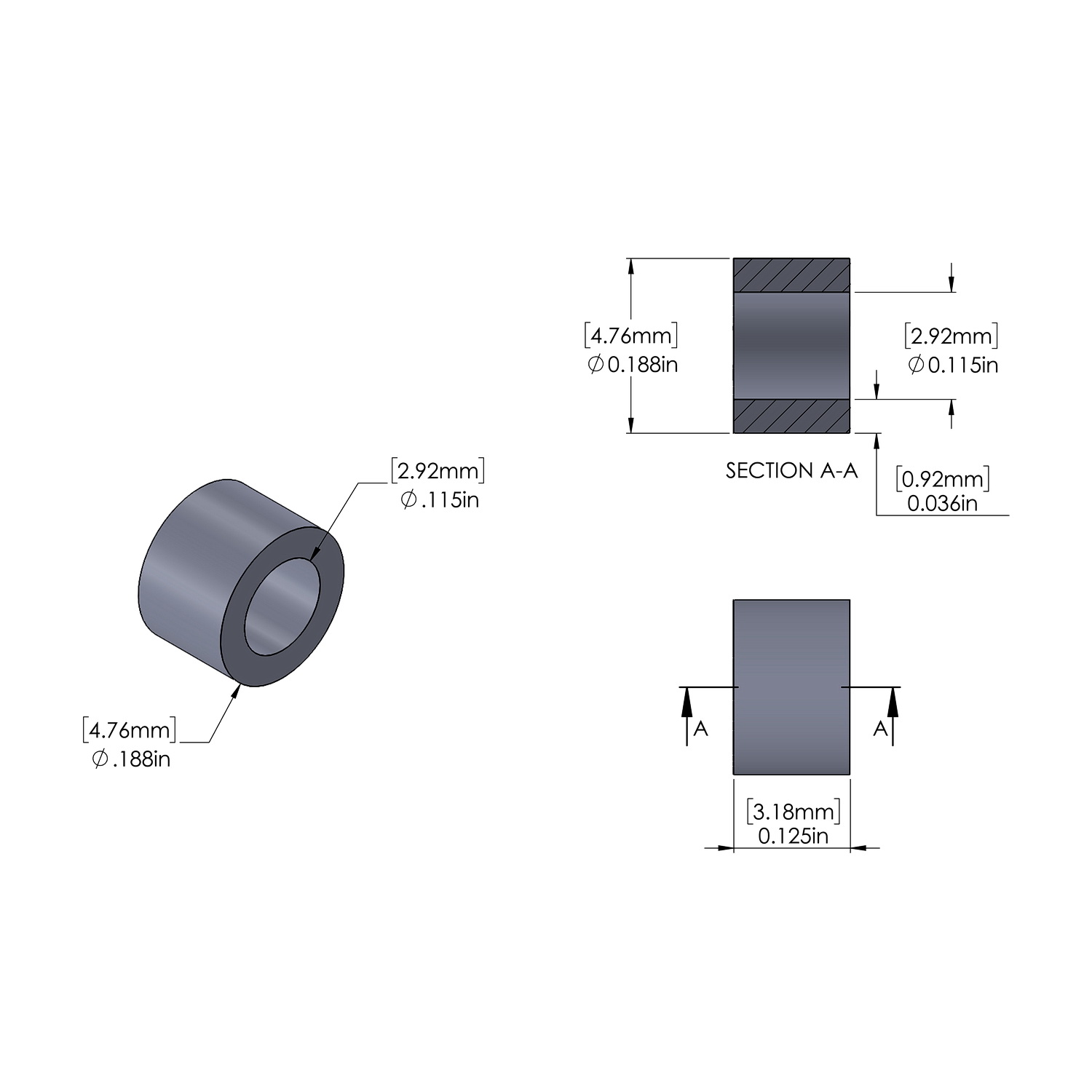 Aluminum Spacer 3/16'' OD x .115'' ID x 1/8'' Long, Plain Aluminum Finish