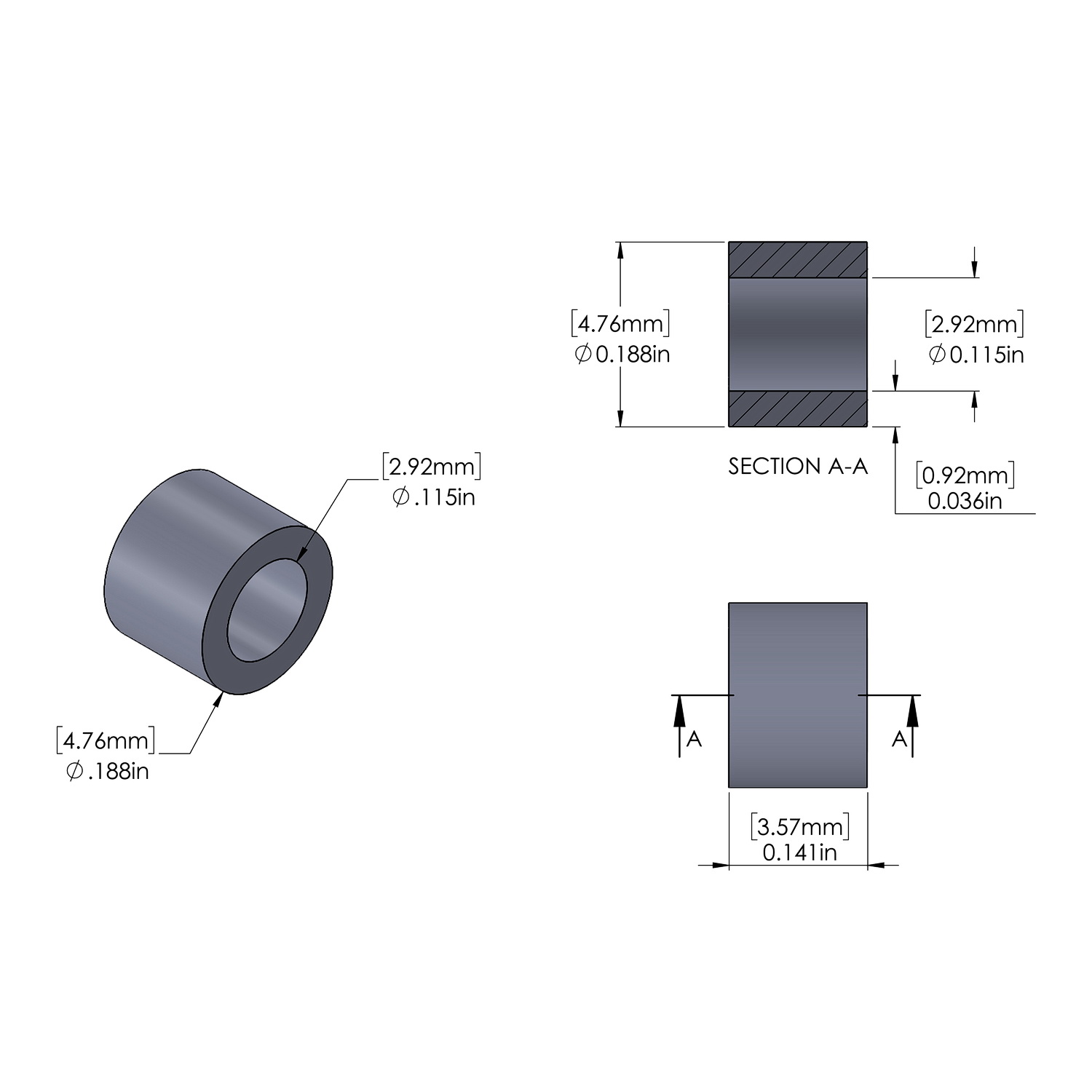 Aluminum Spacer 3/16'' OD x .115'' ID x 9/64'' Long, Plain Aluminum Finish