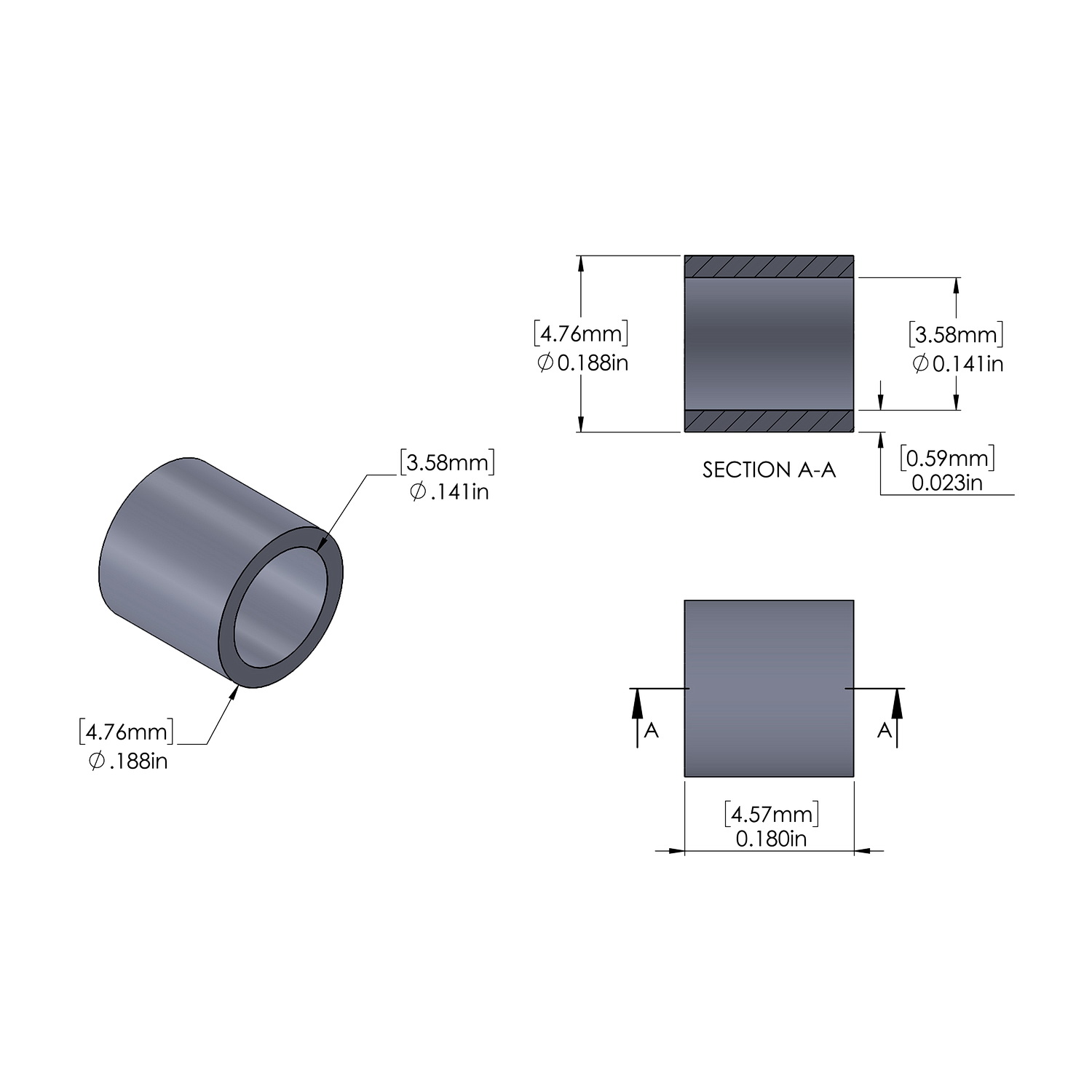 Aluminum Spacer 3/16'' OD x .141'' ID x .180'' Long, Plain Aluminum Finish
