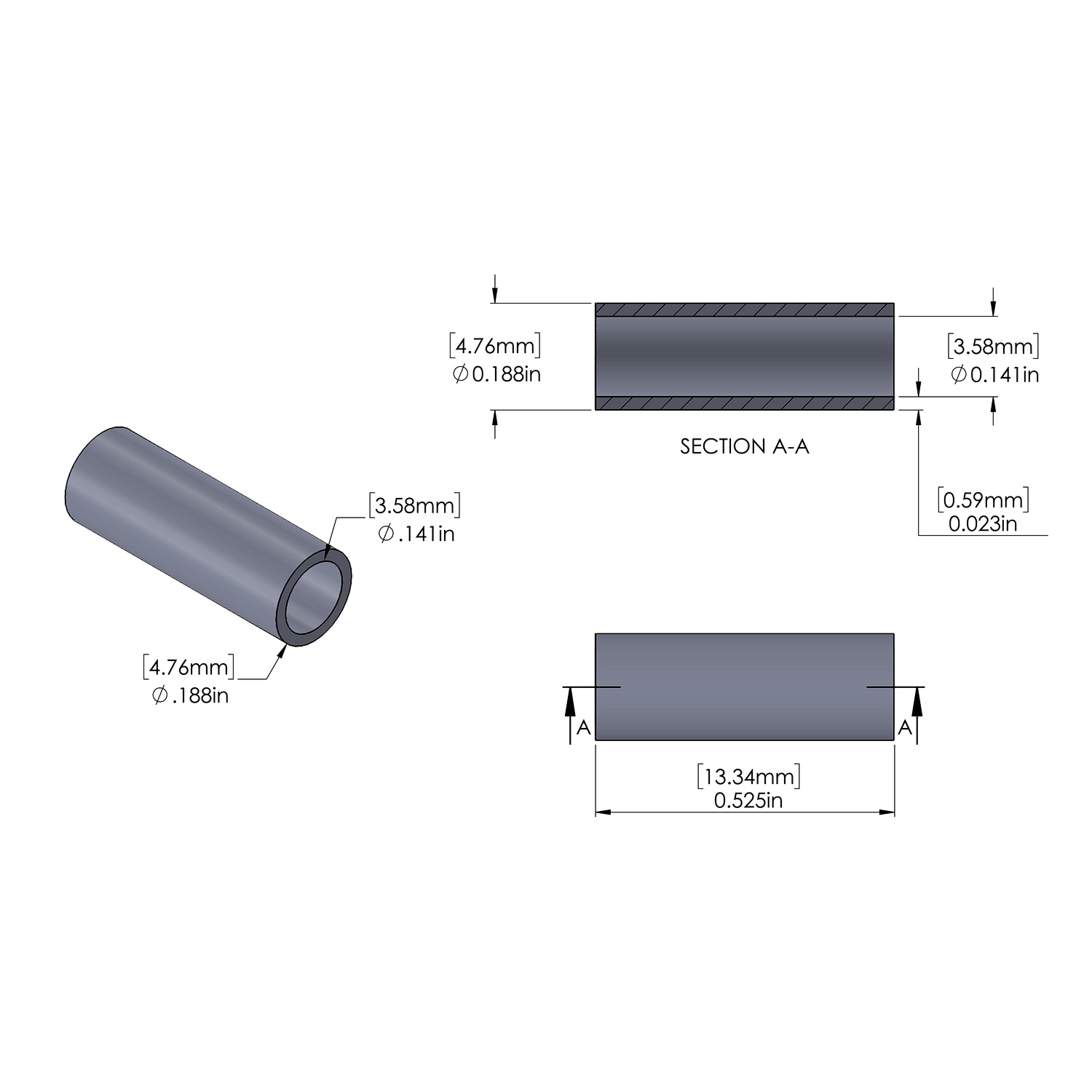 Aluminum Spacer 3/16'' OD x .141'' ID x .525'' Long, Plain Aluminum Finish