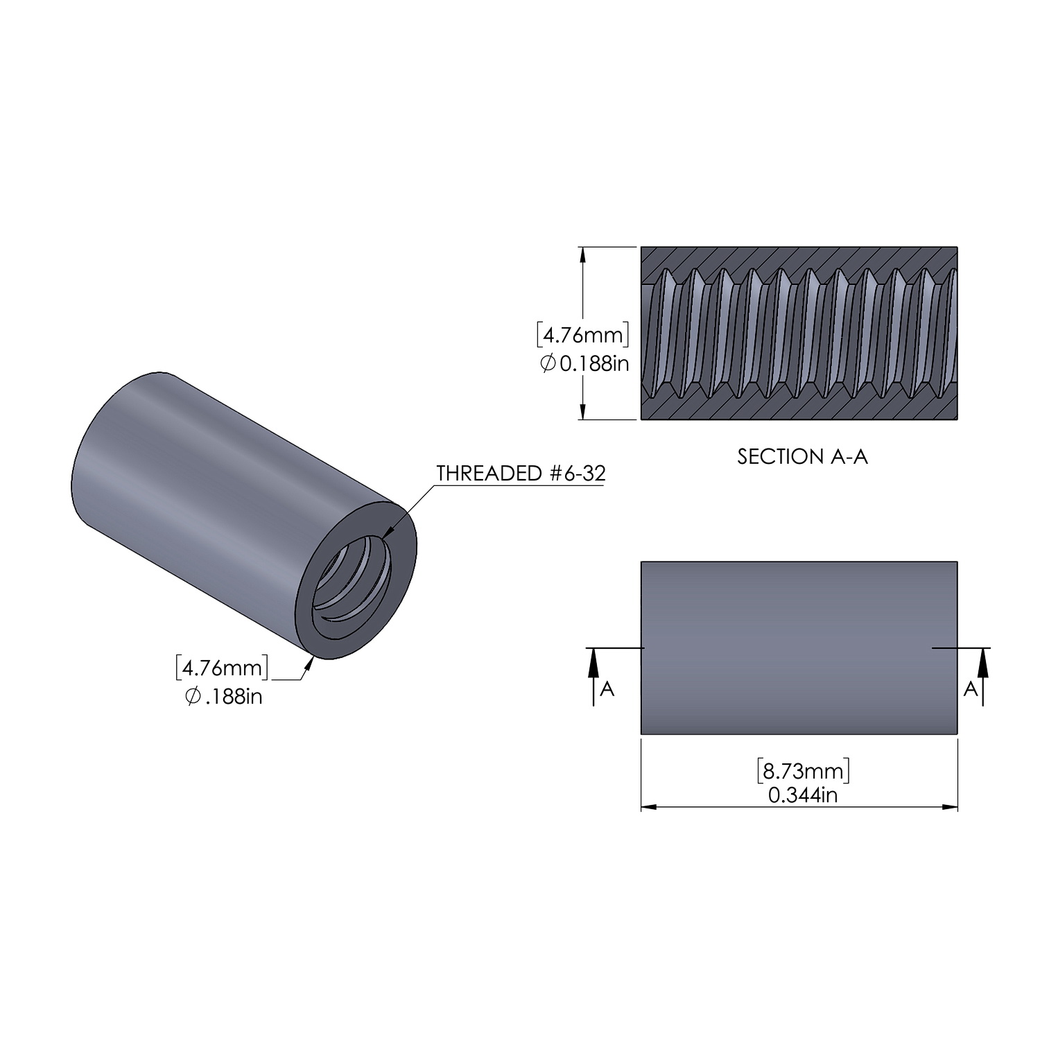 Aluminum Standoff 3/16'' OD x 6-32 Thread x 11/32'' Long, Plain Aluminum Finish